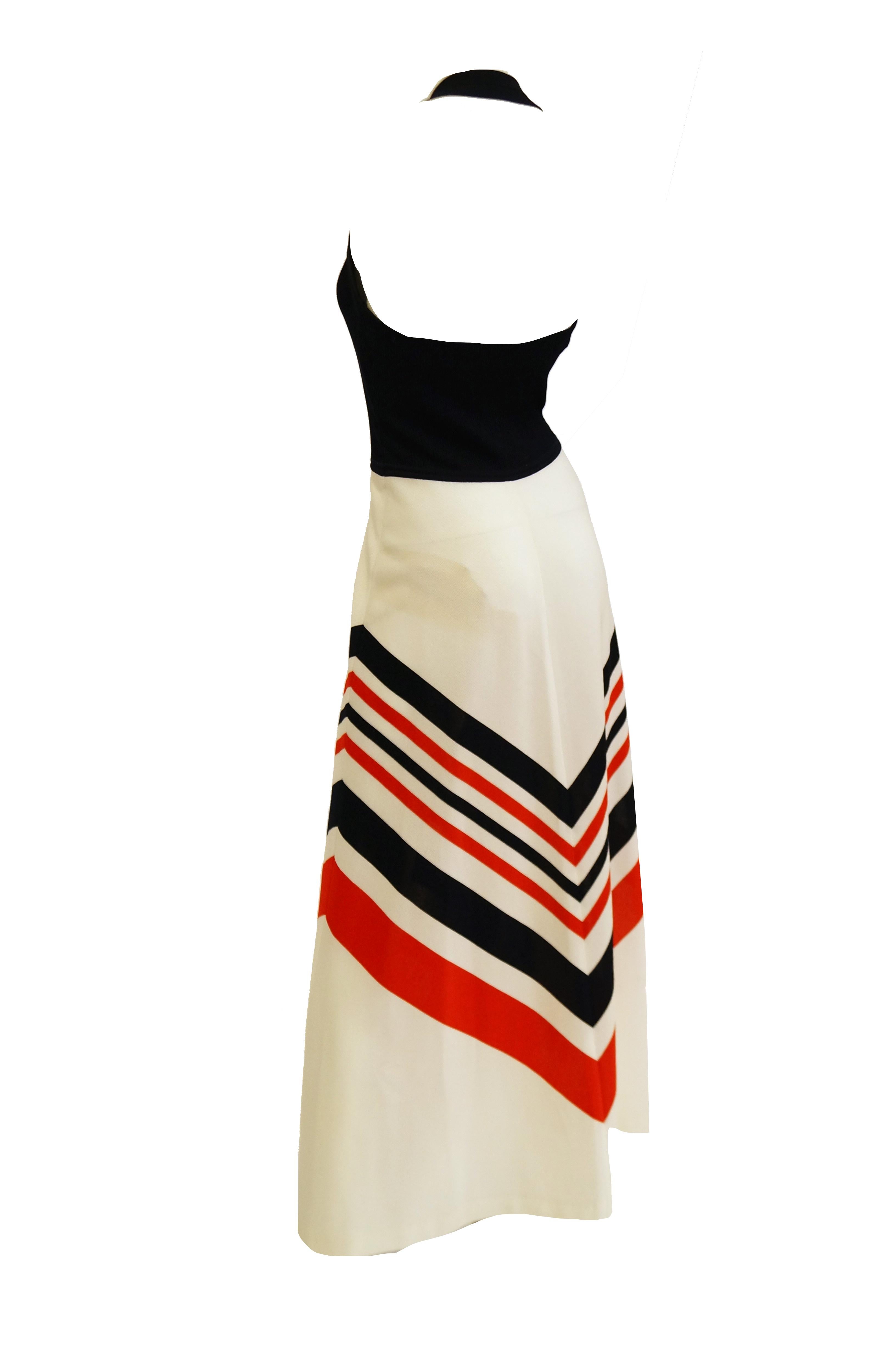  1970s Red, White, and Blue Chevron halter Maxi Dress with Shawl 1