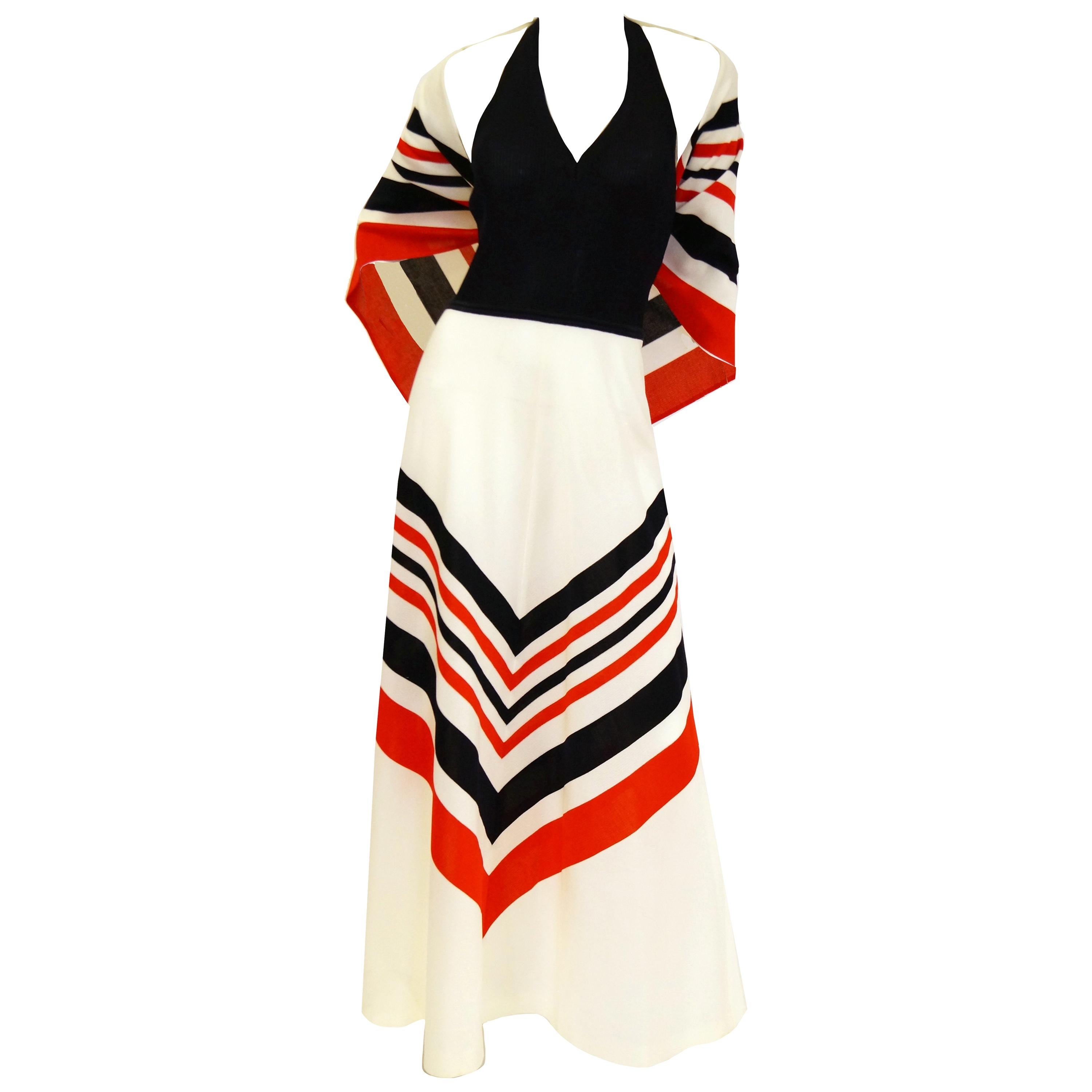  1970s Red, White, and Blue Chevron halter Maxi Dress with Shawl