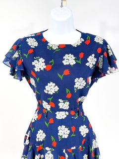1970s Red, White, and Blue, Floral Printed Two Piece Set