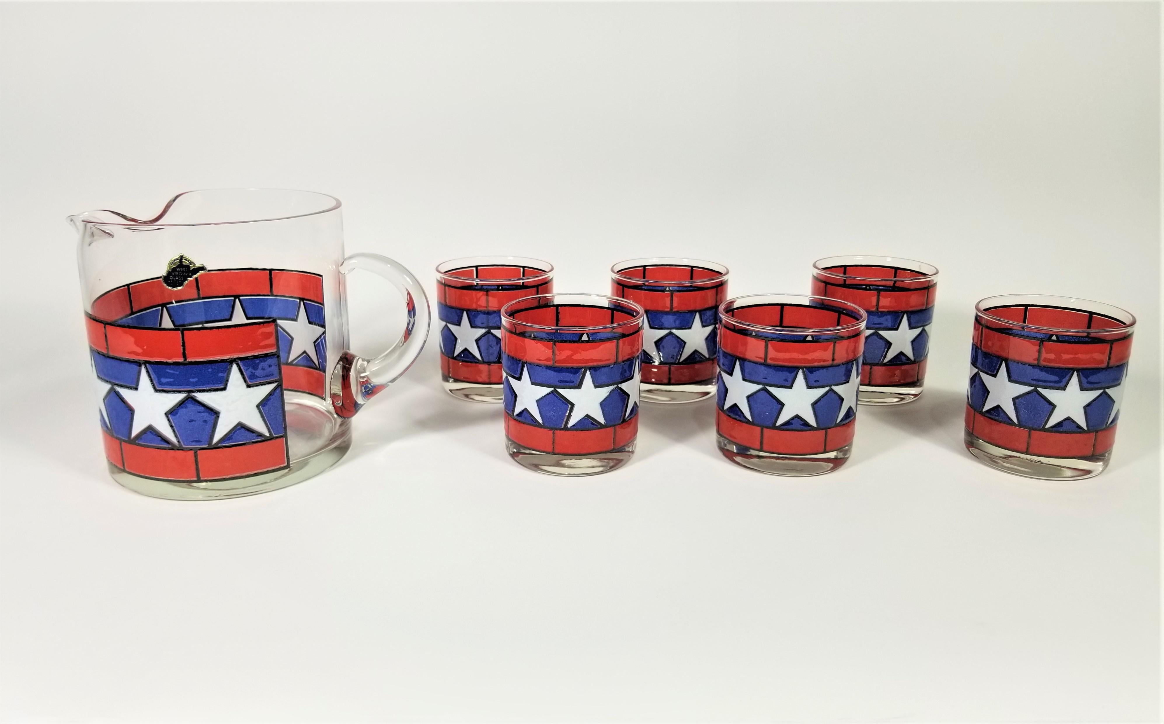 1970s, Red, White and Blue with Stars Glassware Barware Set of 6 with Pitcher For Sale 4