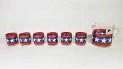 1970s, Red, White and Blue with Stars Glassware Barware Set of 6 with Pitcher