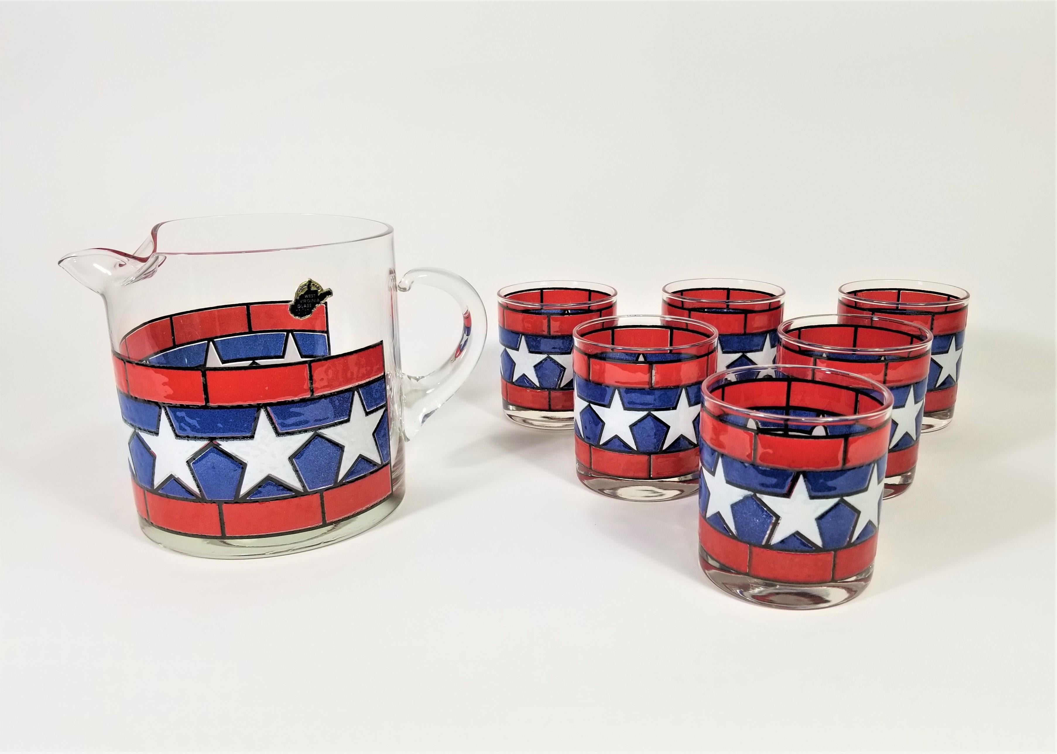 North American 1970s, Red, White and Blue with Stars Glassware Barware Set of 6 with Pitcher For Sale