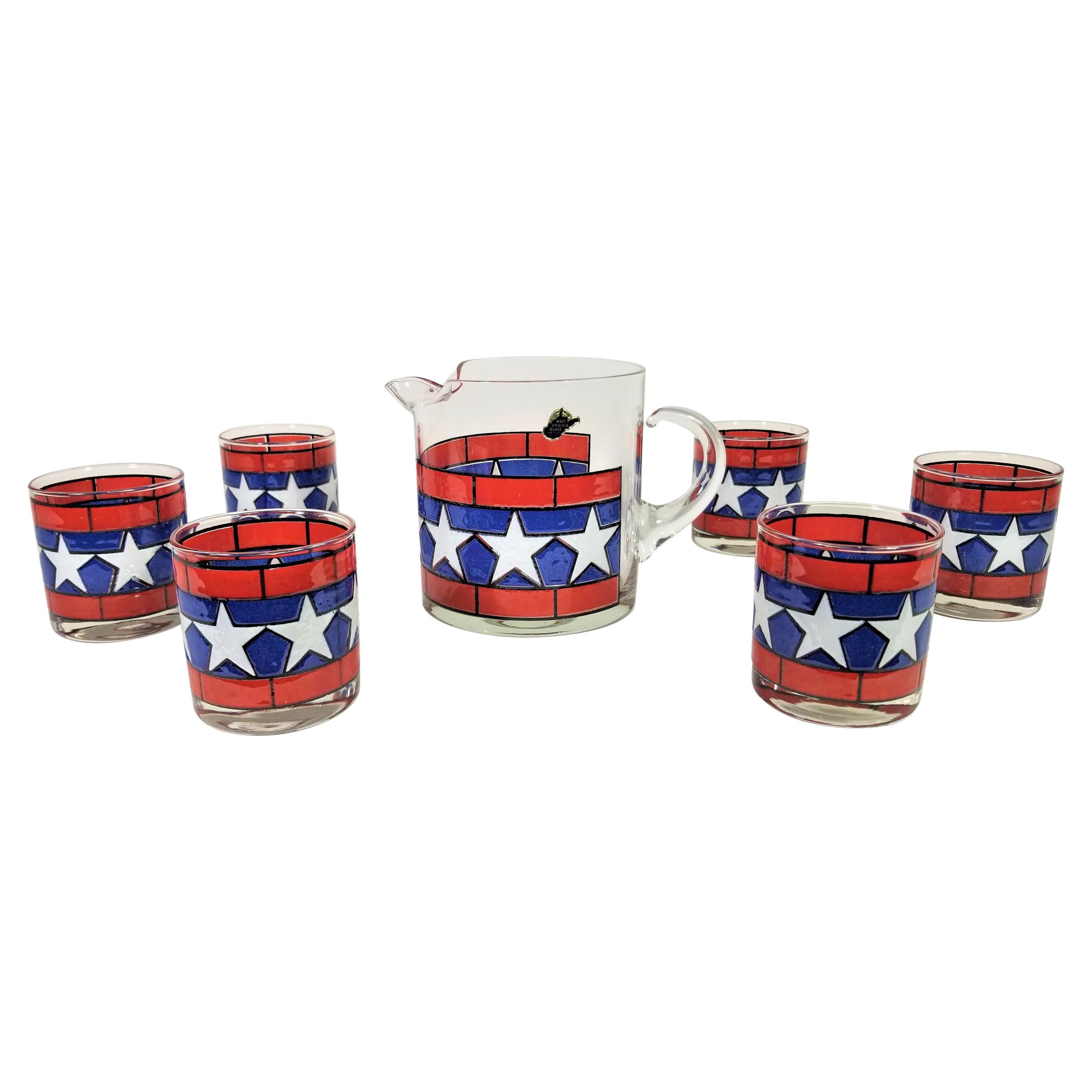 1970s, Red, White and Blue with Stars Glassware Barware Set of 6 with Pitcher