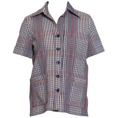 1970S Red, White 
Blue Plaid Polyester Double Knit Mod Patch Pocket Shirt