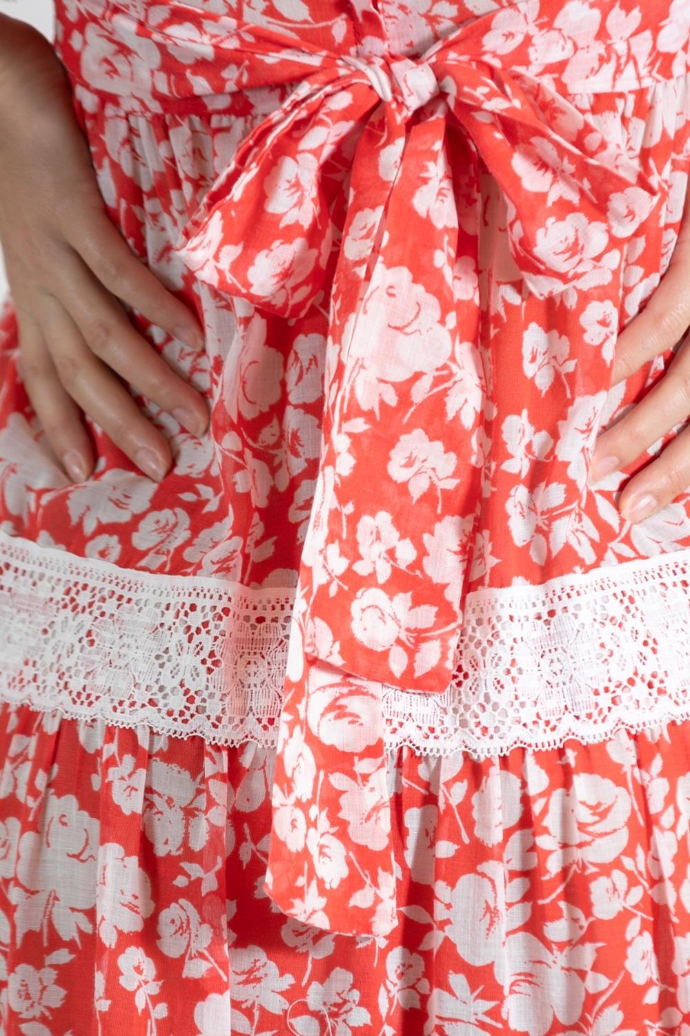 1970s Red & White Floral Lace Dress For Sale 6