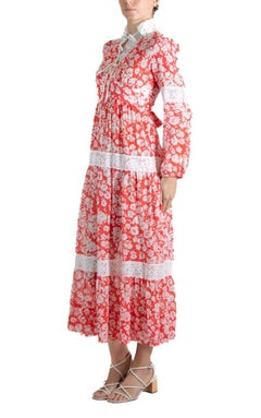 1970s Red & White Floral Lace Dress