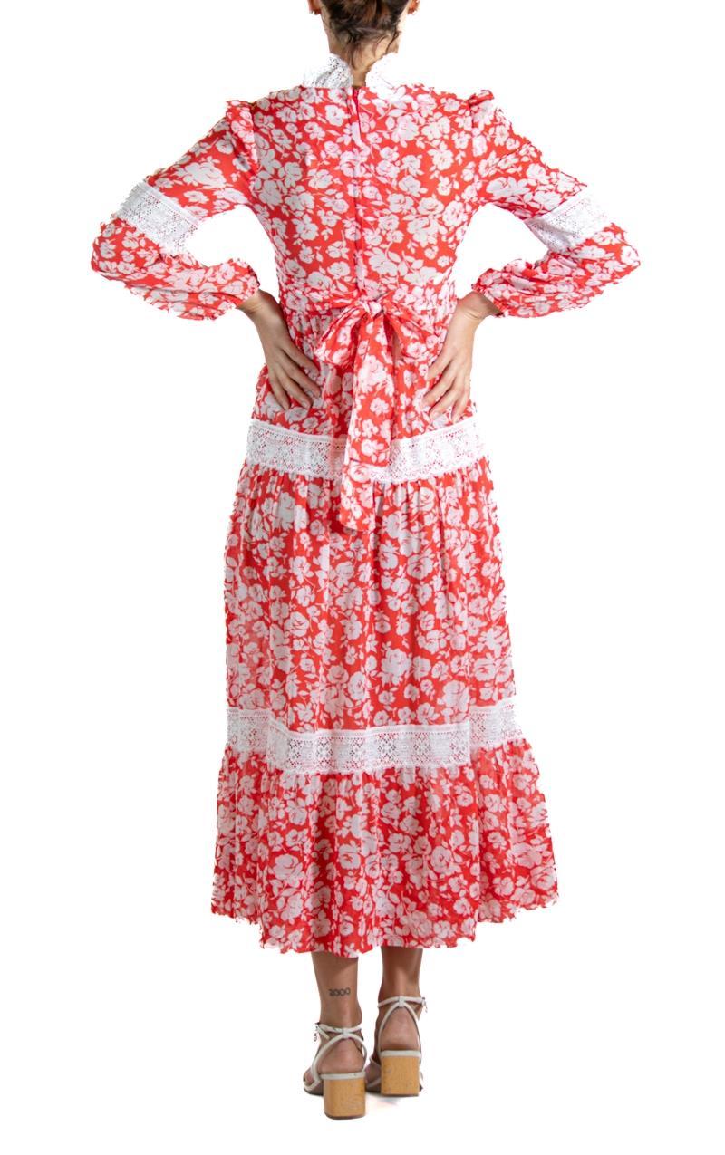 1970s Red & White Floral Lace Dress For Sale 1
