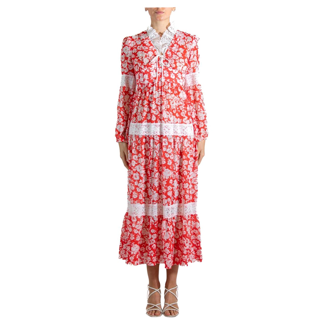 Vestido de encaje floral rojo y blanco de los años 70
