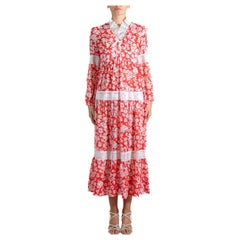 Abito anni '70 in pizzo floreale rosso e bianco