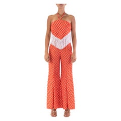 1970S Red White Polka Dot Pattern Wide Flare Bell Bottom  Jumpsuit With Fringe