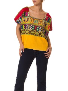 1970S Red & Yellow Cotton Top With Geometric Ethnic Hand Embroidery