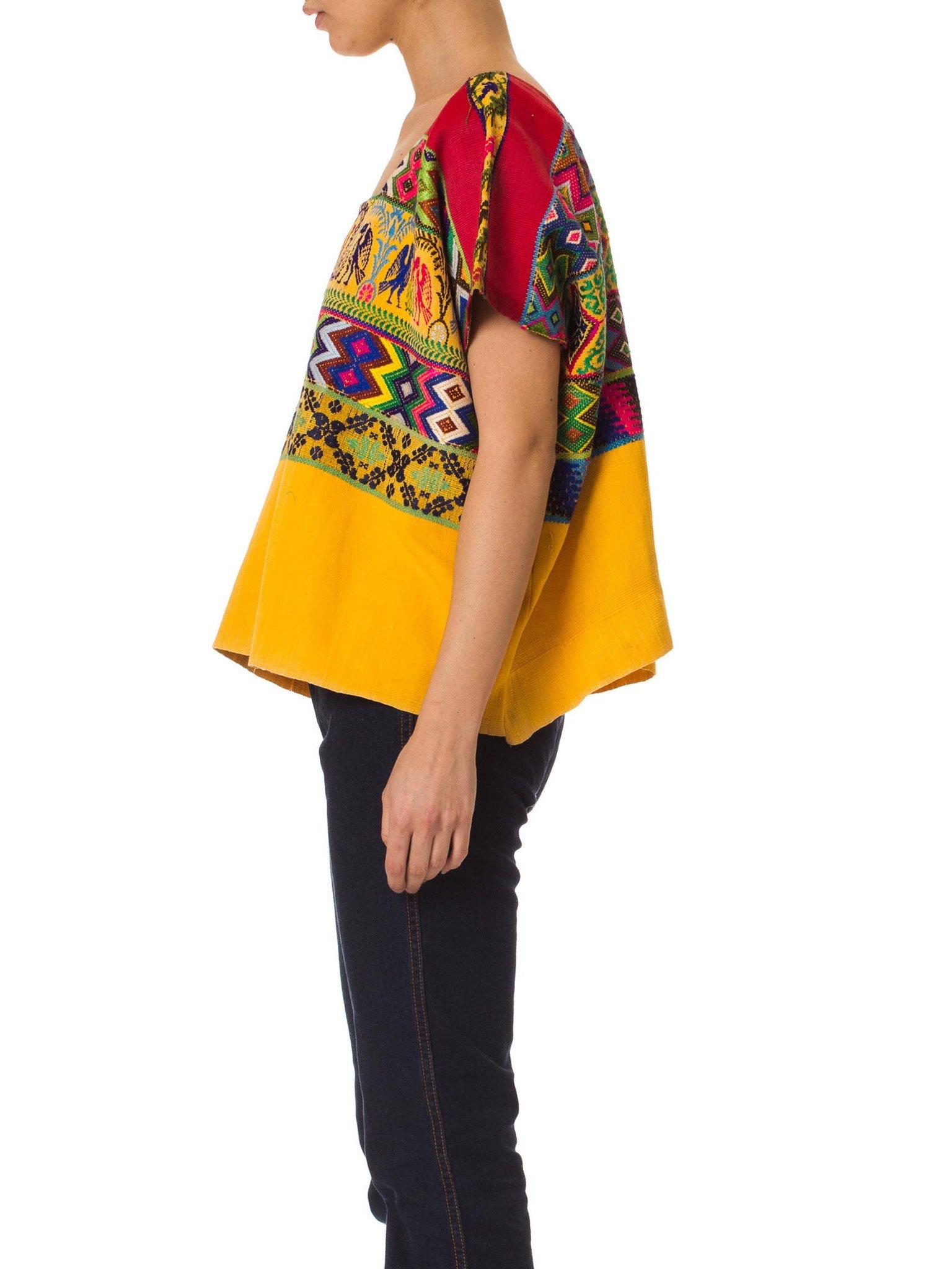 1970S Red & Yellow Cotton Top With Geometric Ethnic Hand Embroidery In Excellent Condition For Sale In New York, NY