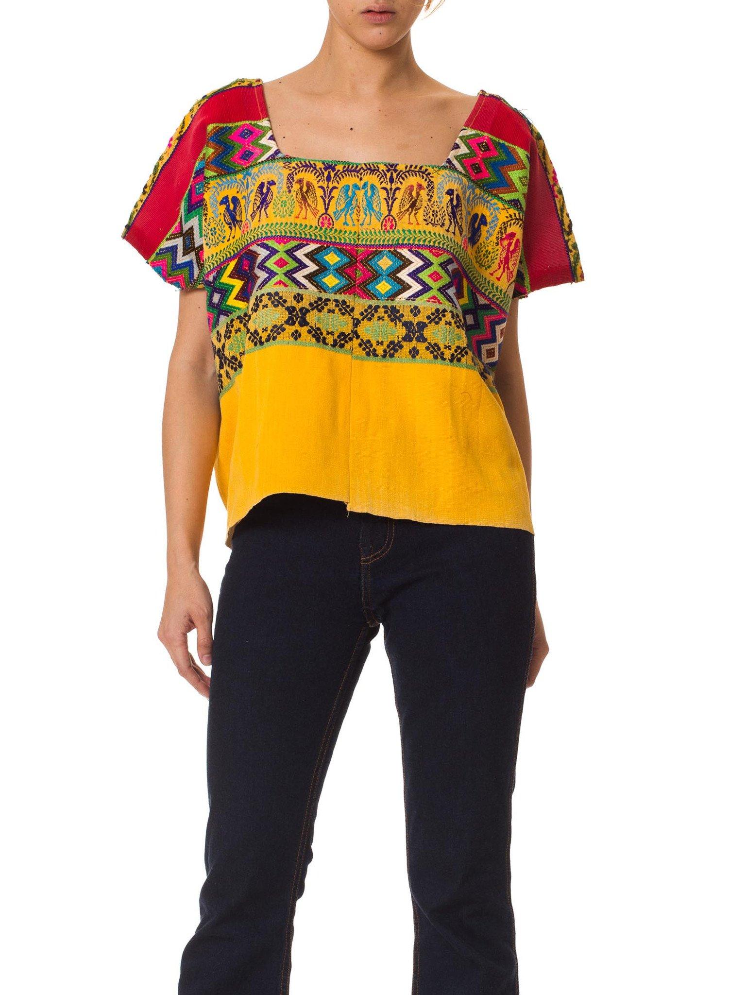 Women's 1970S Red & Yellow Cotton Top With Geometric Ethnic Hand Embroidery For Sale