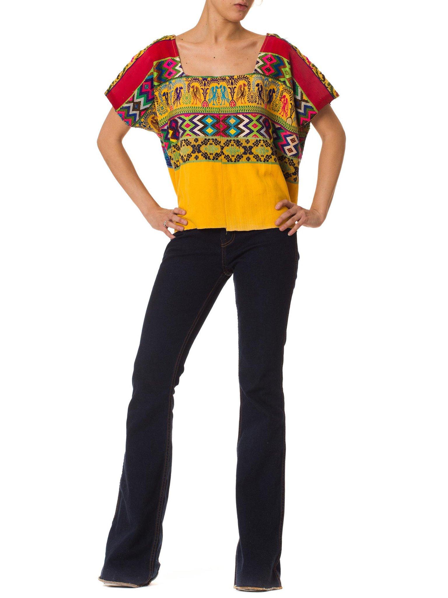 1970S Red & Yellow Cotton Top With Geometric Ethnic Hand Embroidery For Sale 1