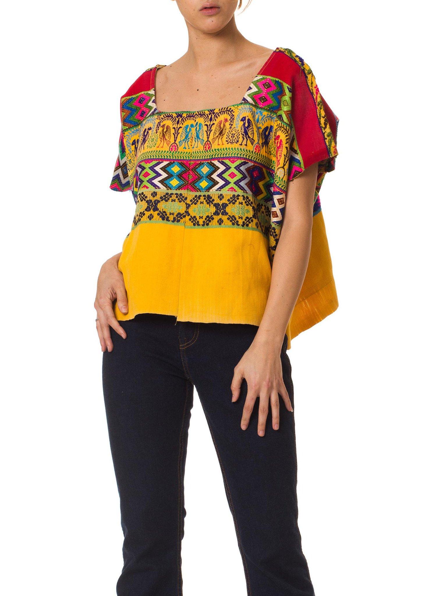 1970S Red & Yellow Cotton Top With Geometric Ethnic Hand Embroidery For Sale 2