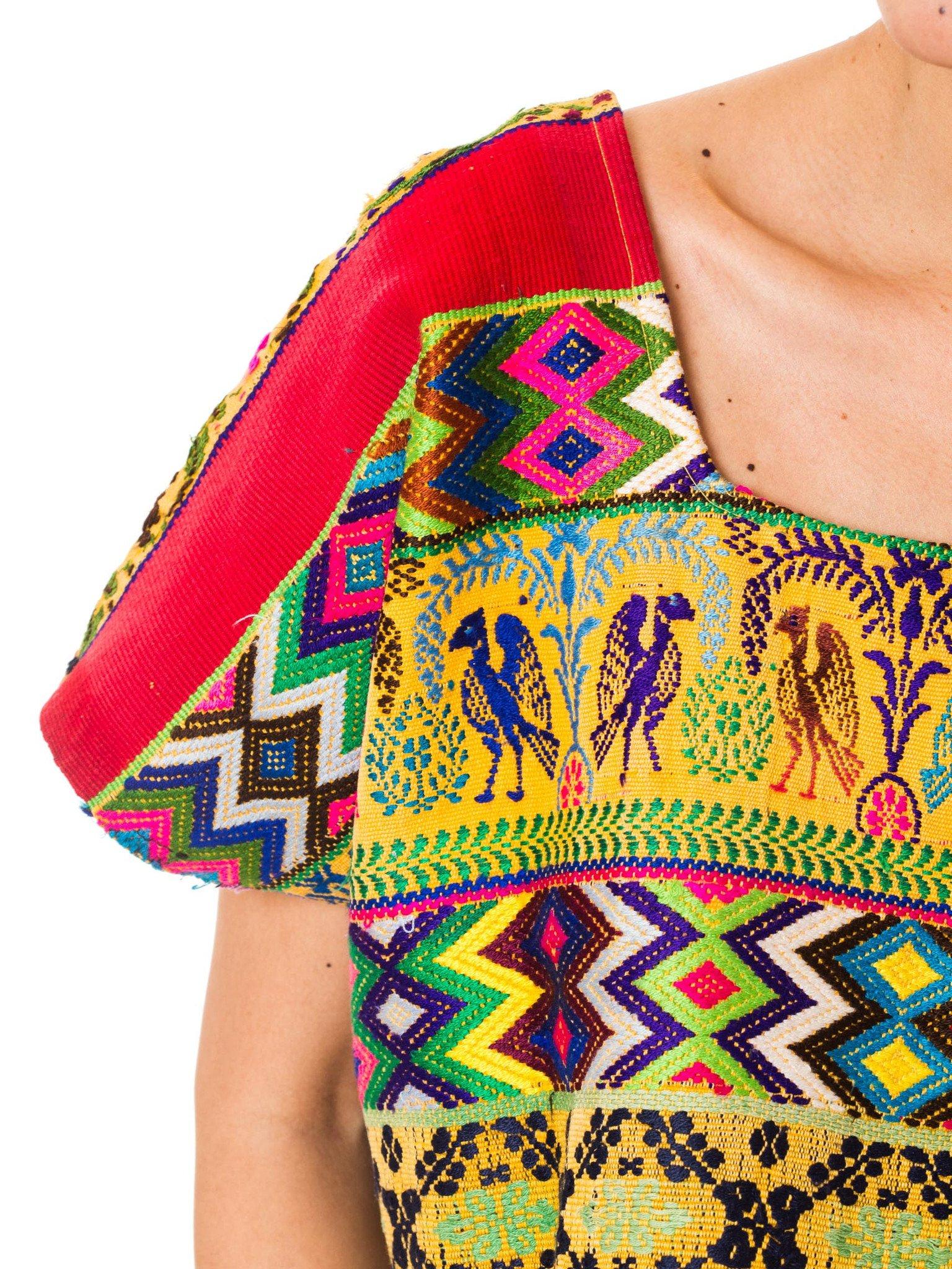 1970S Red & Yellow Cotton Top With Geometric Ethnic Hand Embroidery For Sale 3