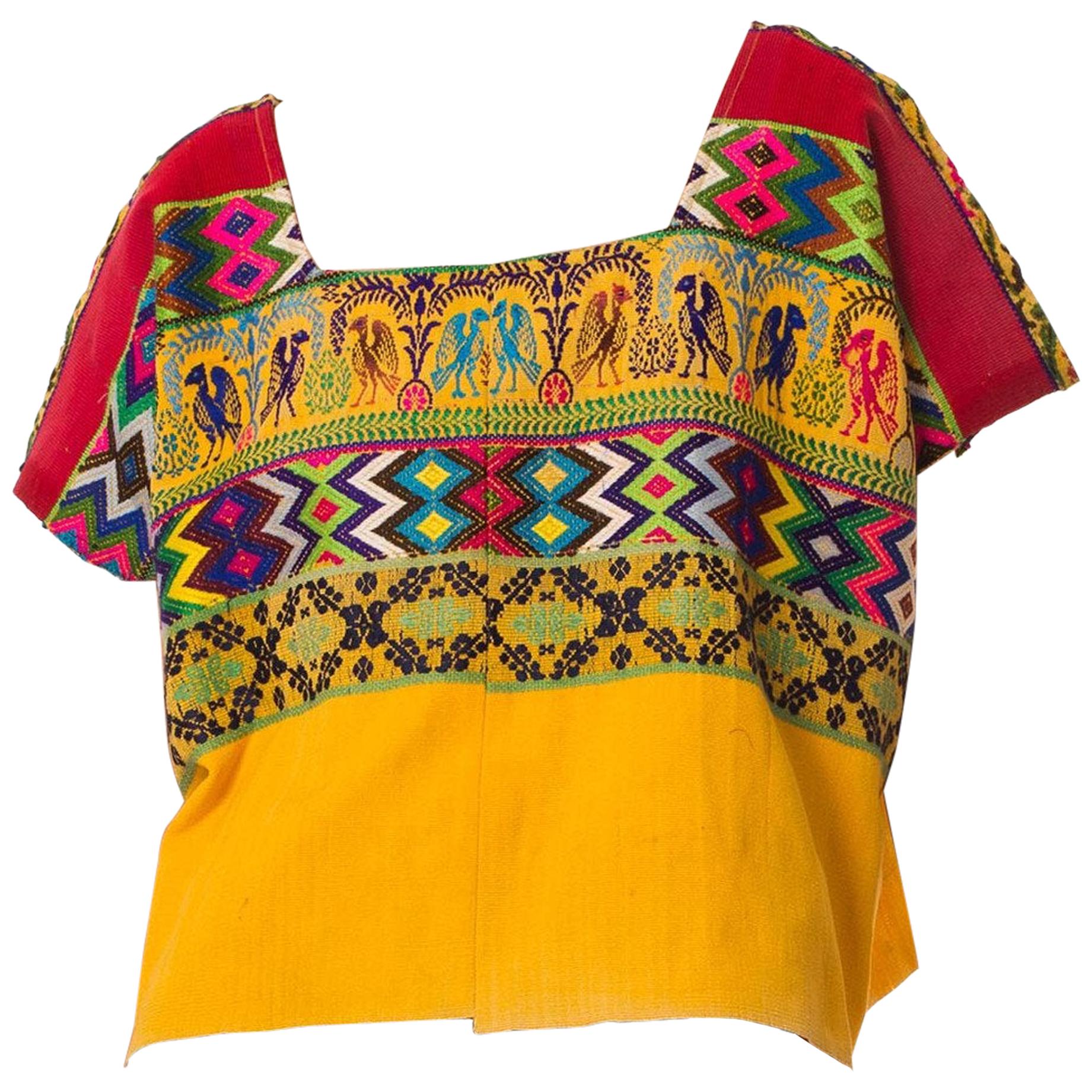Rotes & gelbes Baumwolltop aus den 1970er Jahren mit geometrischer ethnischer Handstickerei
