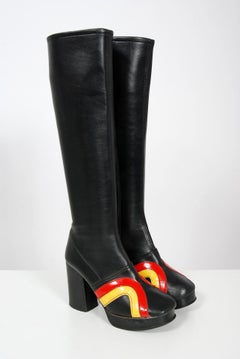 Vintage 1970's Red Yellow Stripe Black Vinyl Glam Rock Platform Knee-High Boots