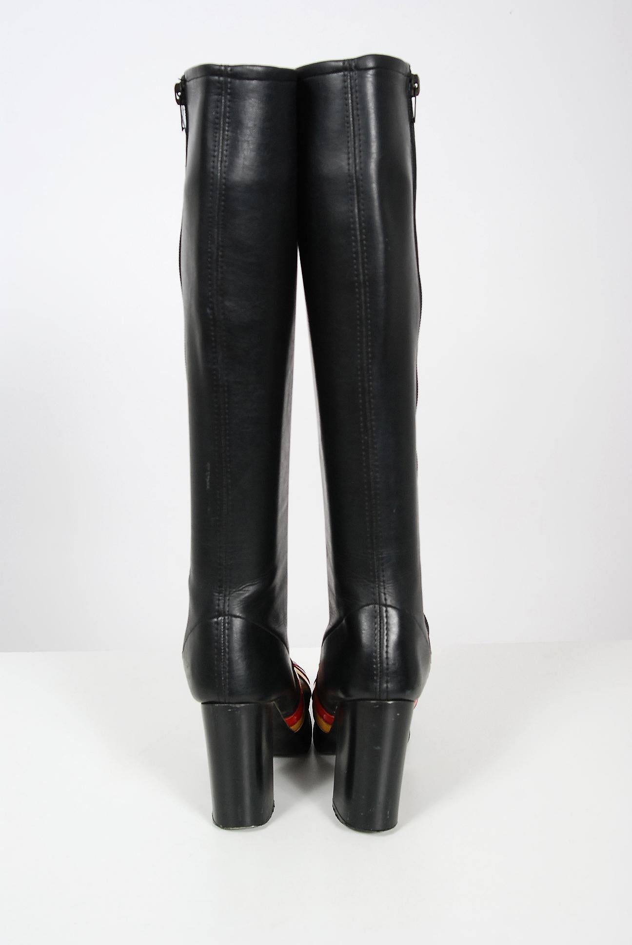 Vintage 1970's Red Yellow Stripe Black Vinyl Glam Rock Platform Knee-High Boots In Good Condition For Sale In Beverly Hills, CA