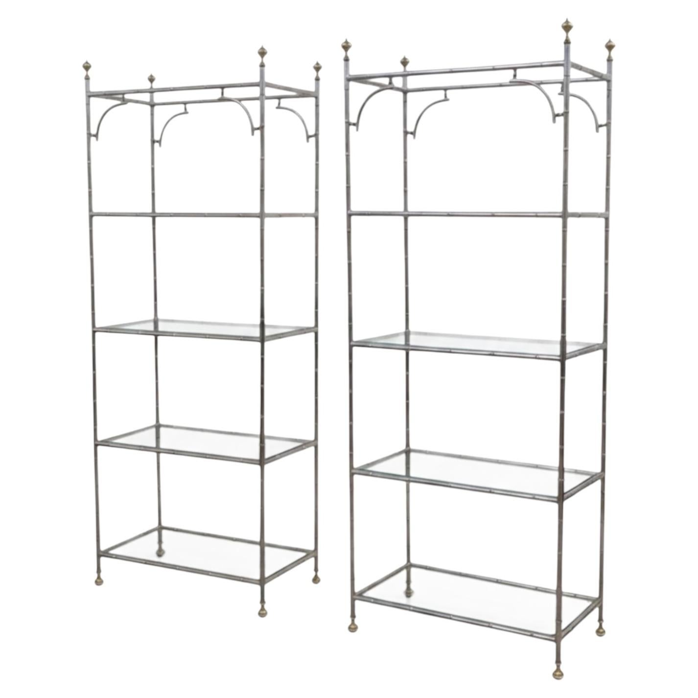 Italian Regency Style Chrome Brass Faux Bamboo Etageres Shelves Bookcases - Pair