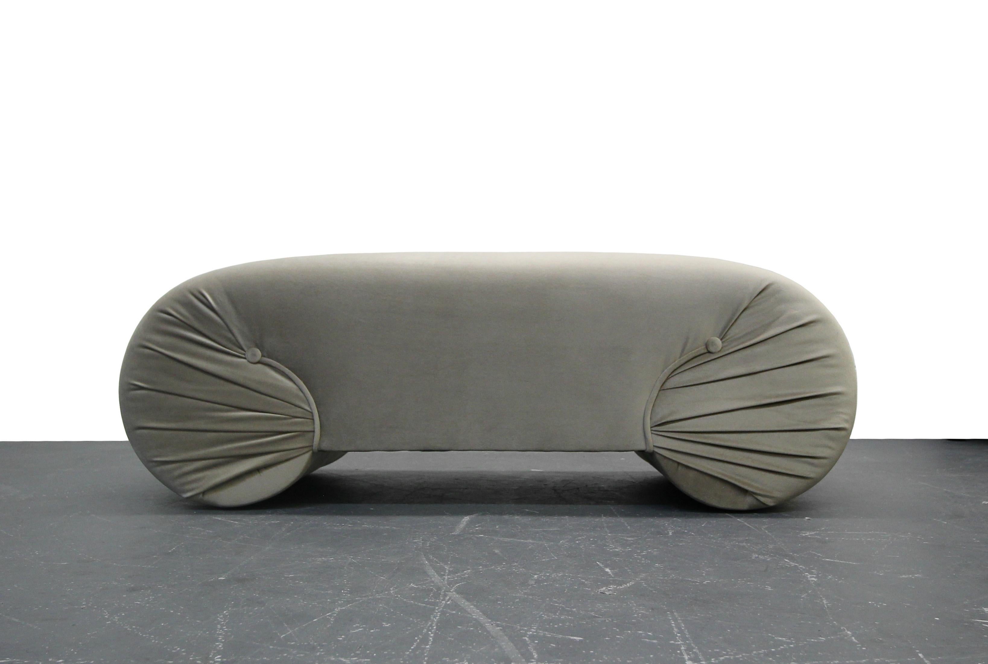 Beautiful, newly upholstered end of the bed or entry bench. All new foam and champagne colored soft velvet fabric.
