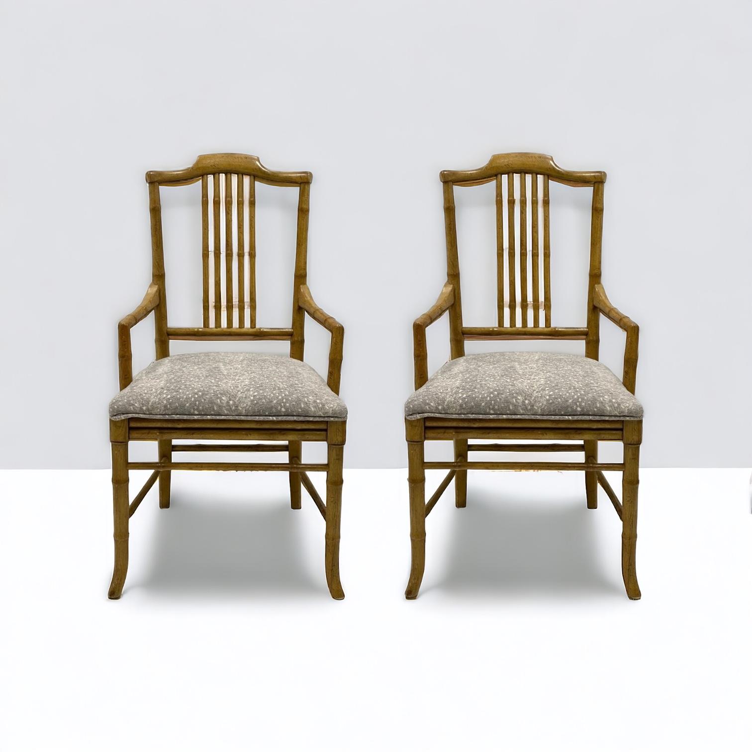 1970s Regency Style Faux Bamboo Bergere Armchairs In Grey Fawn Upholstery -Pair For Sale 5