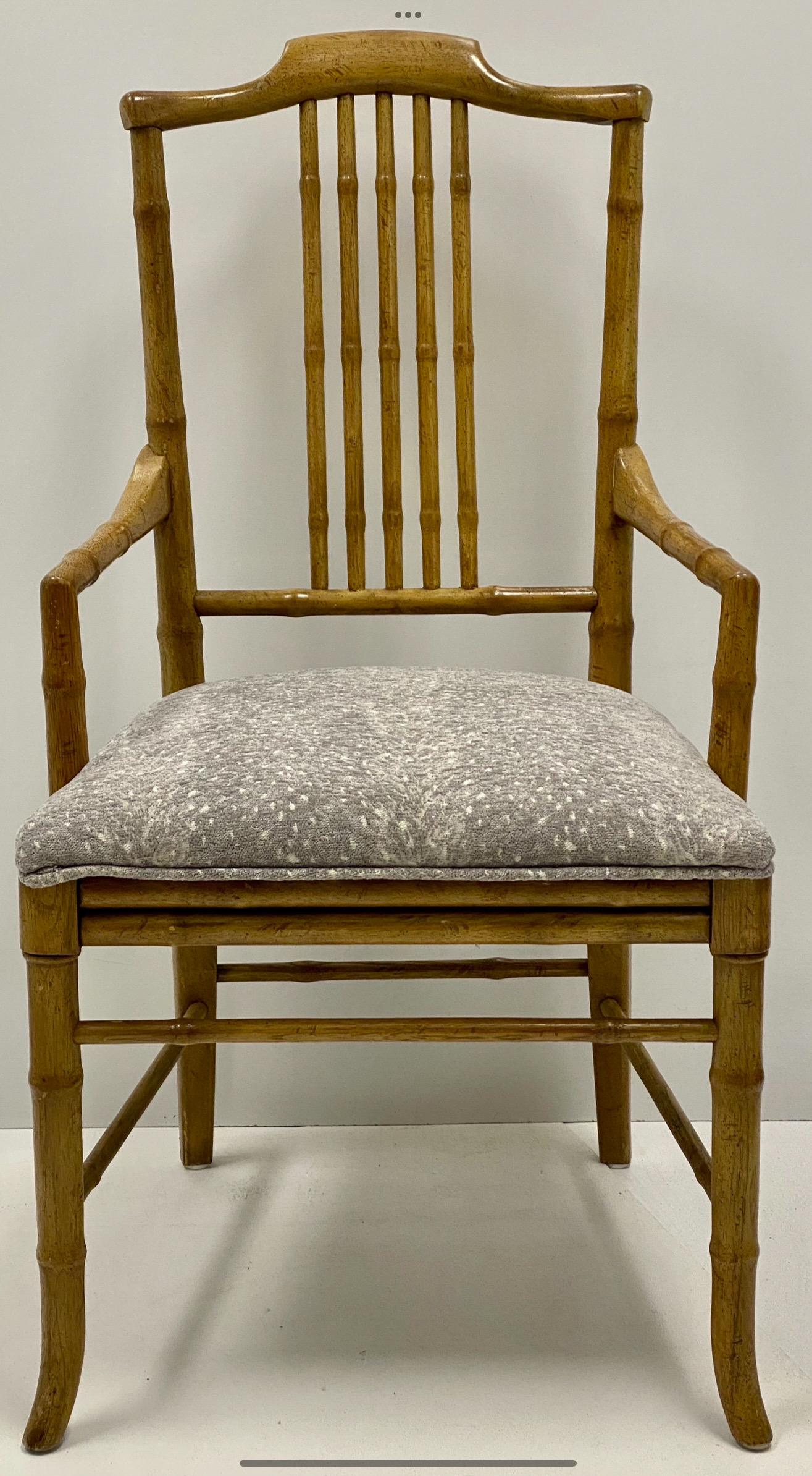 American 1970s Regency Style Faux Bamboo Bergere Armchairs In Grey Fawn Upholstery -Pair For Sale