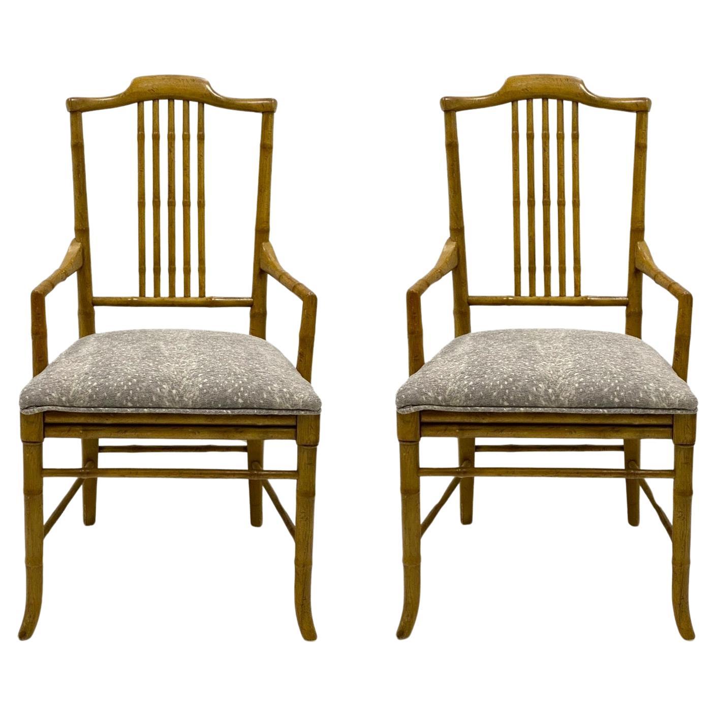 1970s Regency Style Faux Bamboo Bergere Armchairs In Grey Fawn Upholstery -Pair For Sale