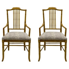 Vintage 1970s Regency Style Faux Bamboo Bergere Armchairs In Grey Fawn Upholstery -Pair