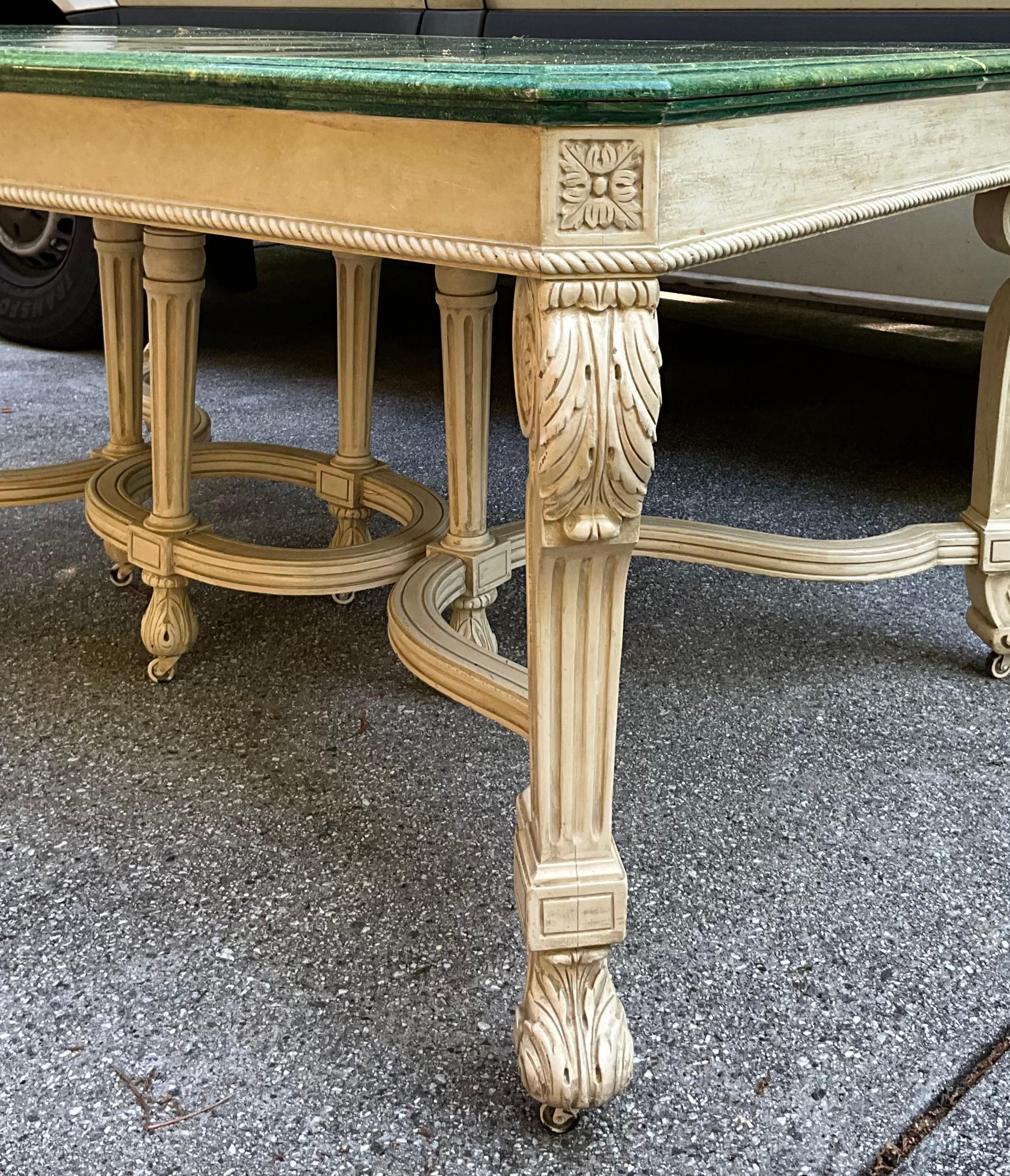 Wood 1970s Regency Style Faux Marble Painted Dining Table with 5 Leaves  For Sale