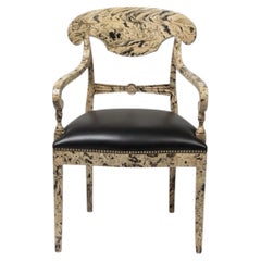 1970s Regency Style Faux Marbleized Painted Arm Desk Chair W/ Black Leather