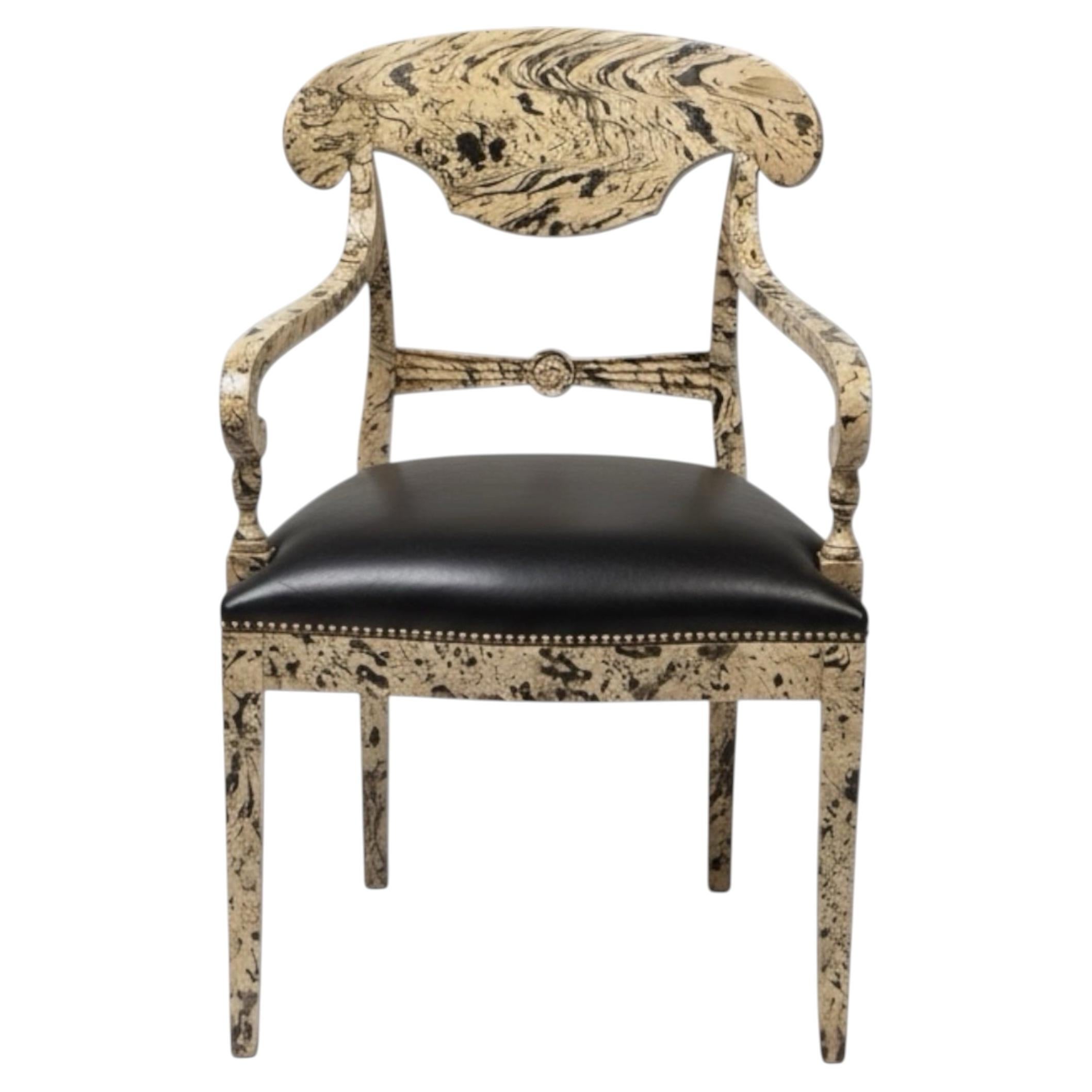 1970s Regency Style Faux Marbleized Painted Arm Desk Chair W/ Black Leather For Sale