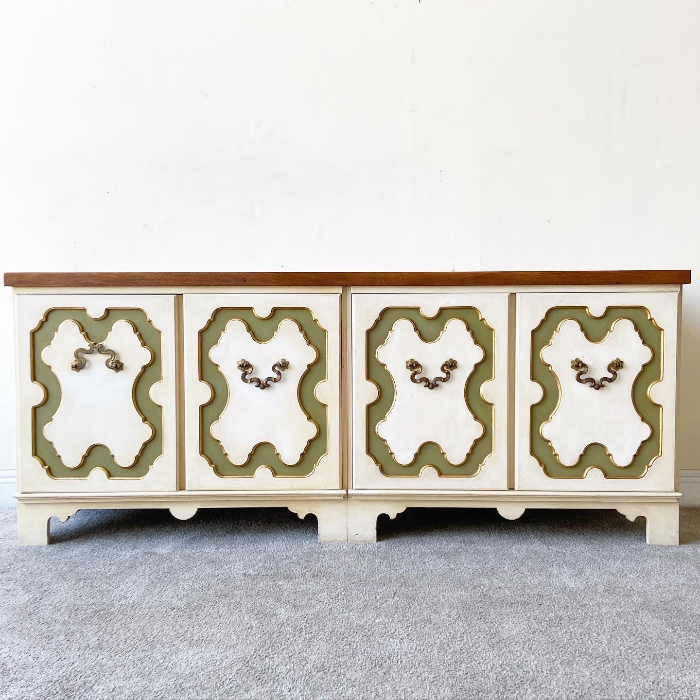 1970s Regency Wooden Cream Green and Gold Credenza by Baker In Good Condition In Delray Beach, FL