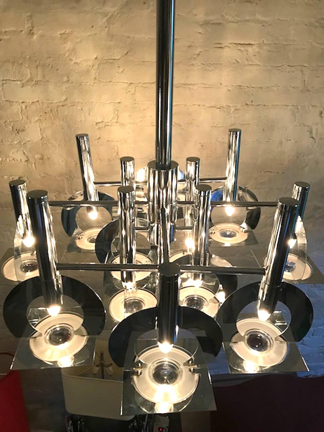 Reggiani of Italy 1970s Chrome & Glass Lens Abstract Chandelier For Sale 1