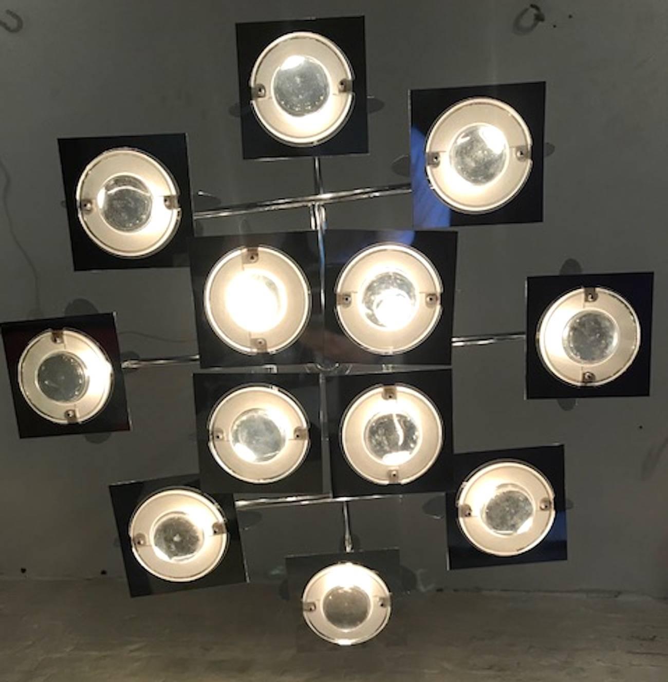 Reggiani of Italy 1970s Chrome & Glass Lens Abstract Chandelier 2
