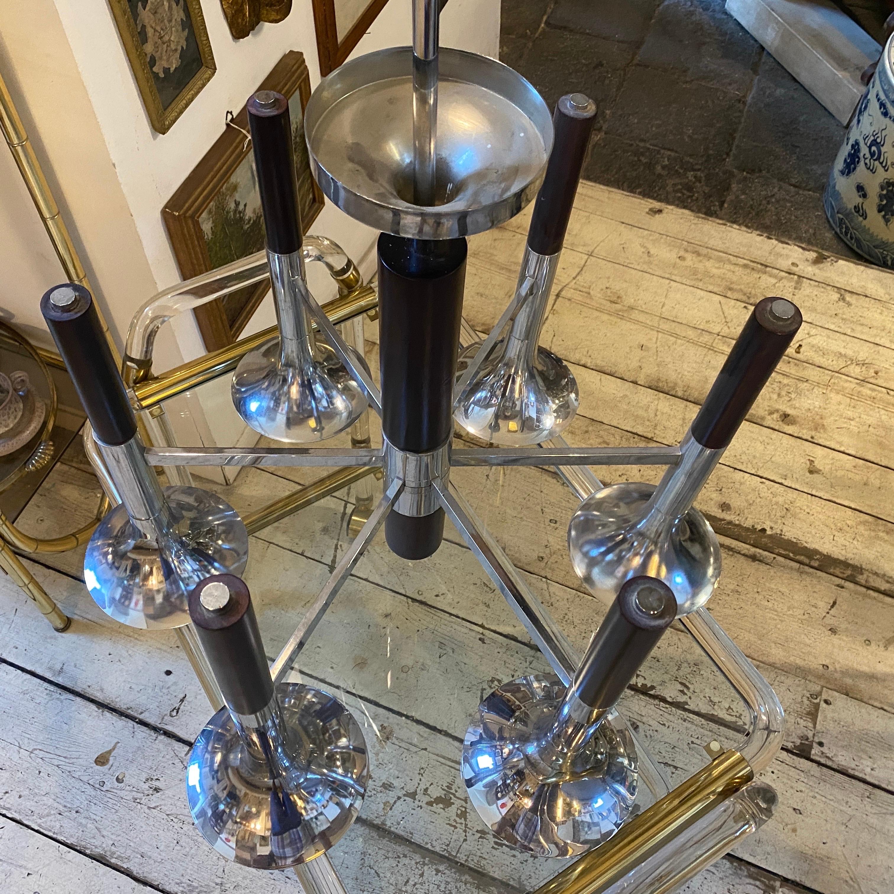 1970s Reggiani Space Age Wood and Steel Italian Chandelier For Sale 1
