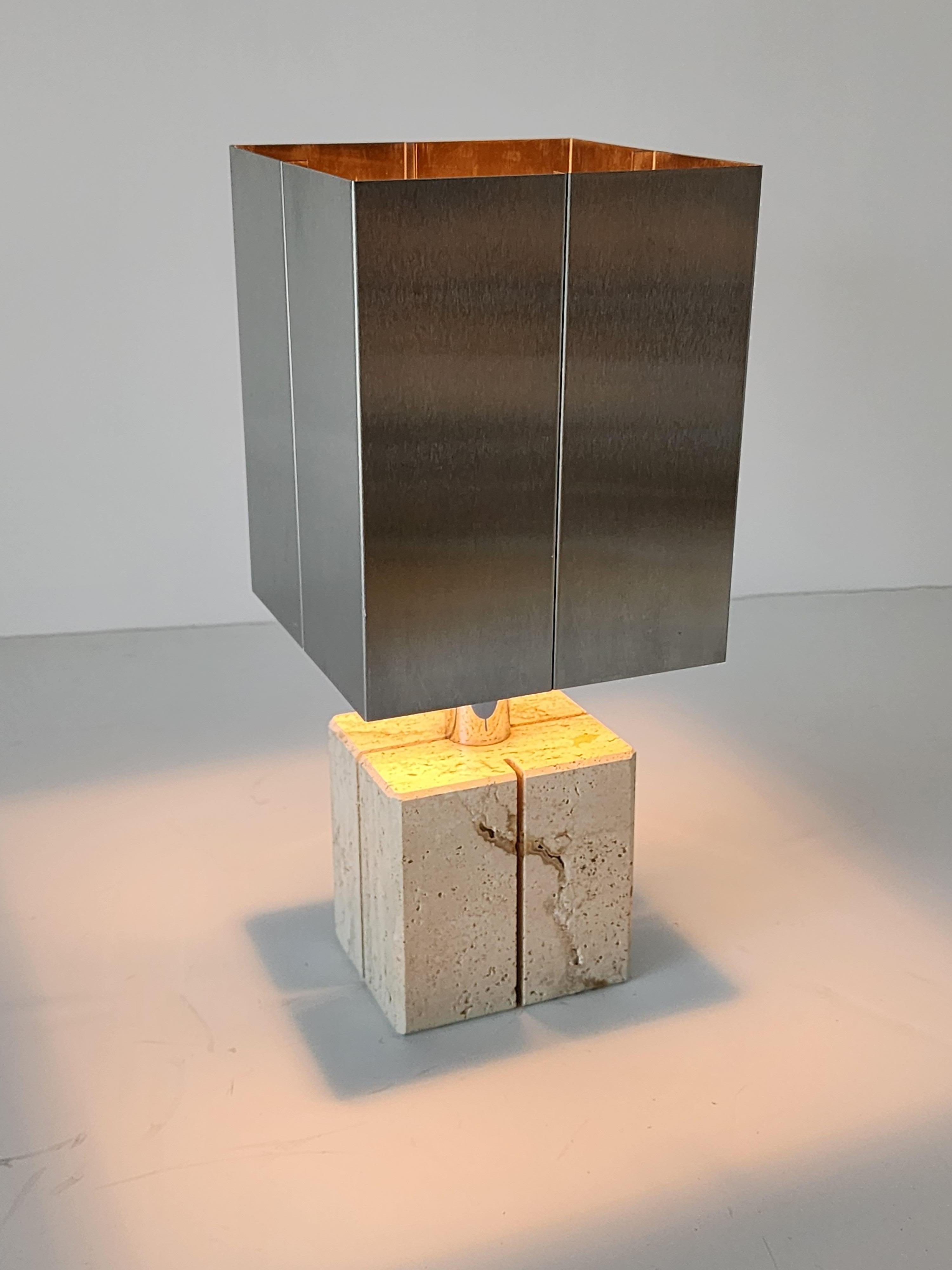 Mid-Century Modern 1970s  Reggiani Travertine and Stainless steel Table Lamp , Italy  For Sale