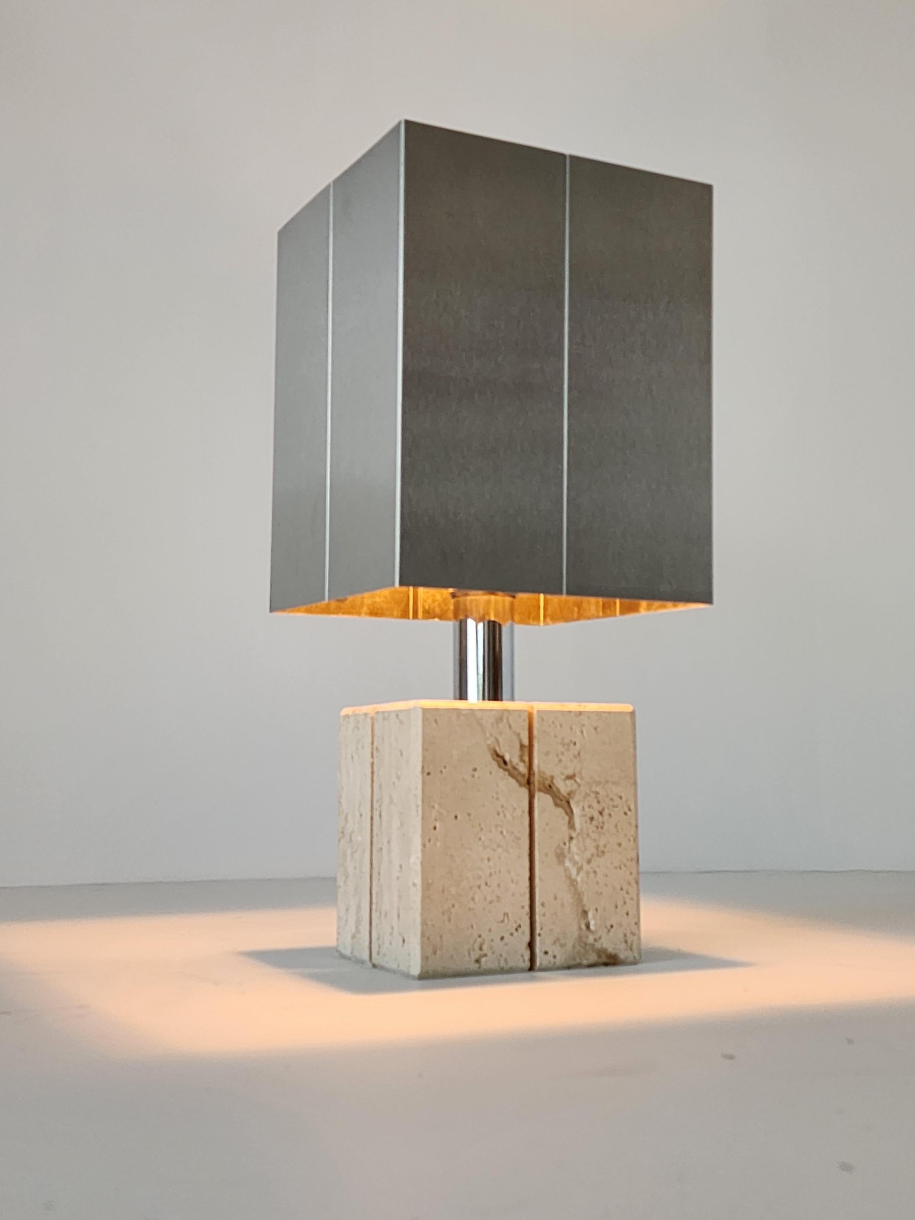 Italian 1970s  Reggiani Travertine and Stainless steel Table Lamp , Italy  For Sale