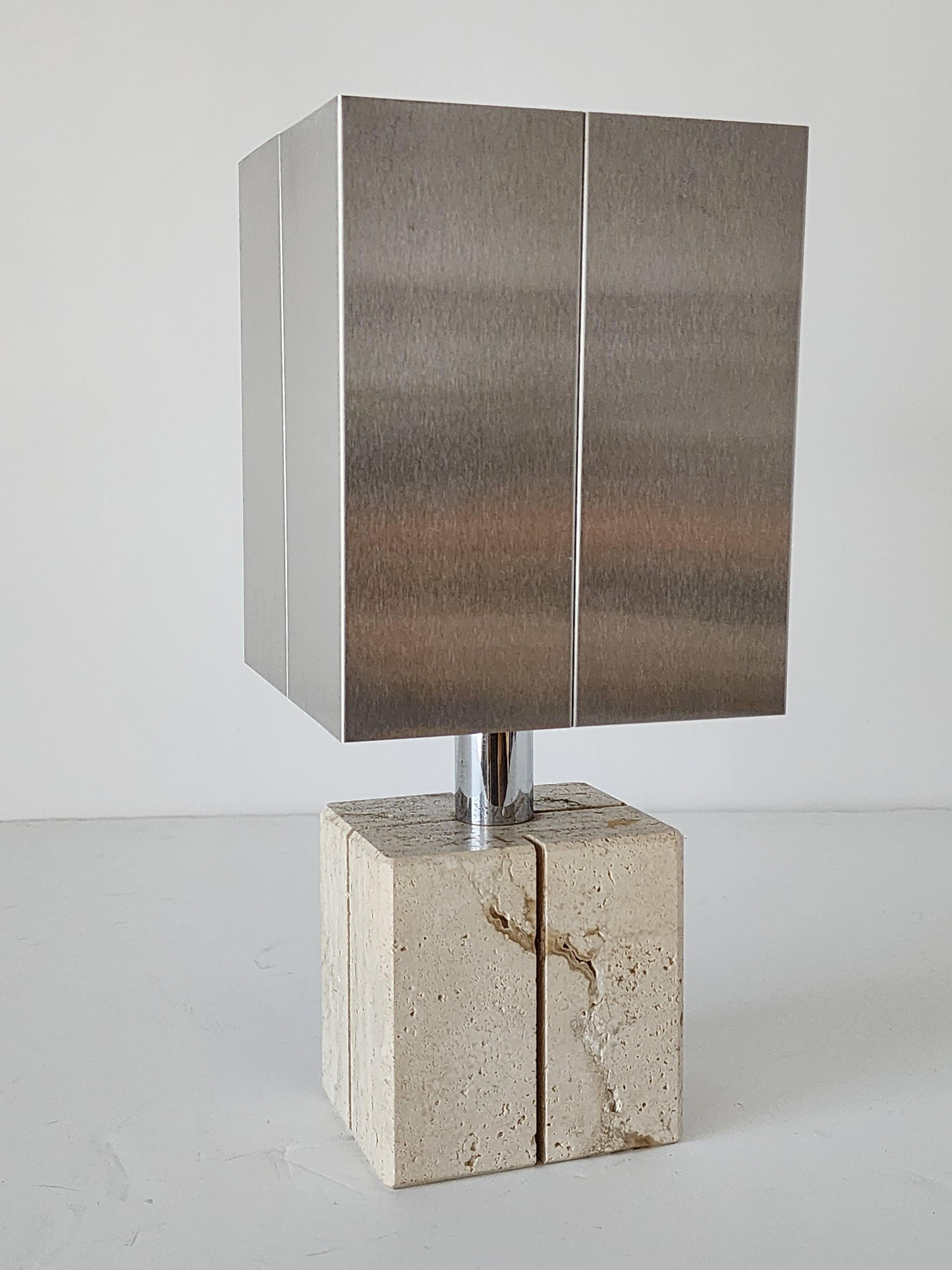 Stainless Steel 1970s  Reggiani Travertine and Stainless steel Table Lamp , Italy  For Sale