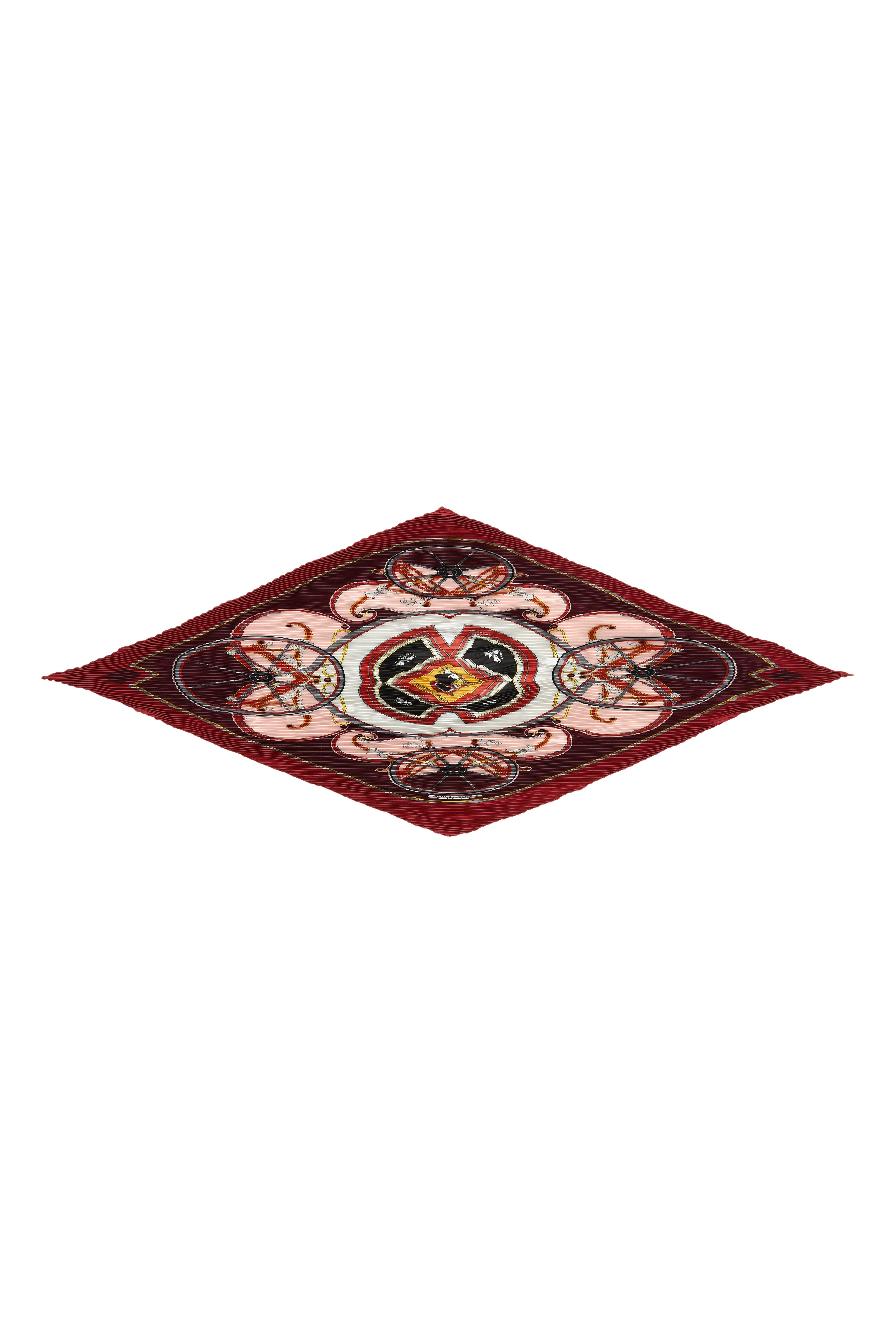 Beautiful vintage silk twill Hermes pleated silk scarf in red, pink, black and gold colourway.  This classic design by Cathy Latham features four wheels around a central crest and was first issued in 1978, this is most likely a 1990s reissue.  It is