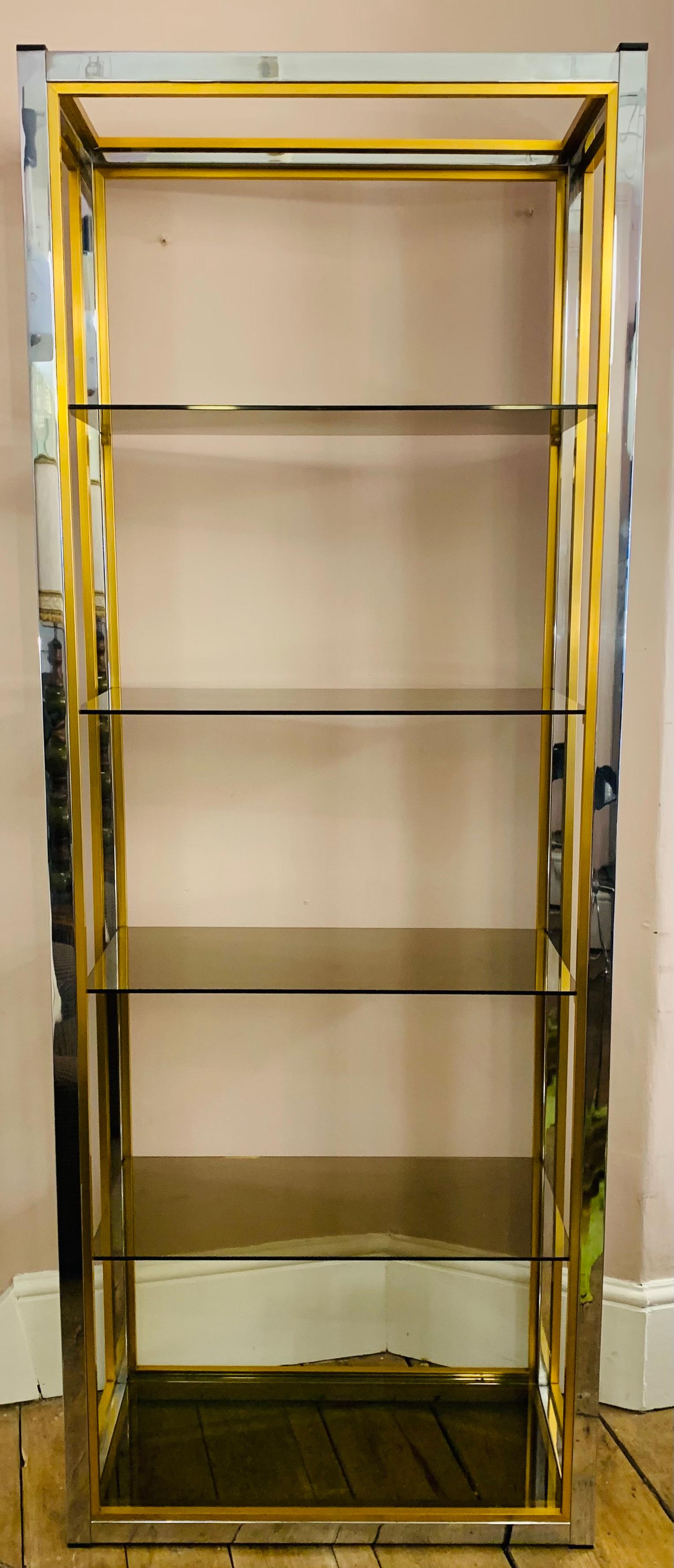 Anodized 1970s Renato Zevi Brass & Chrome Étagères or Bookcase with Smoked Glass Shelves