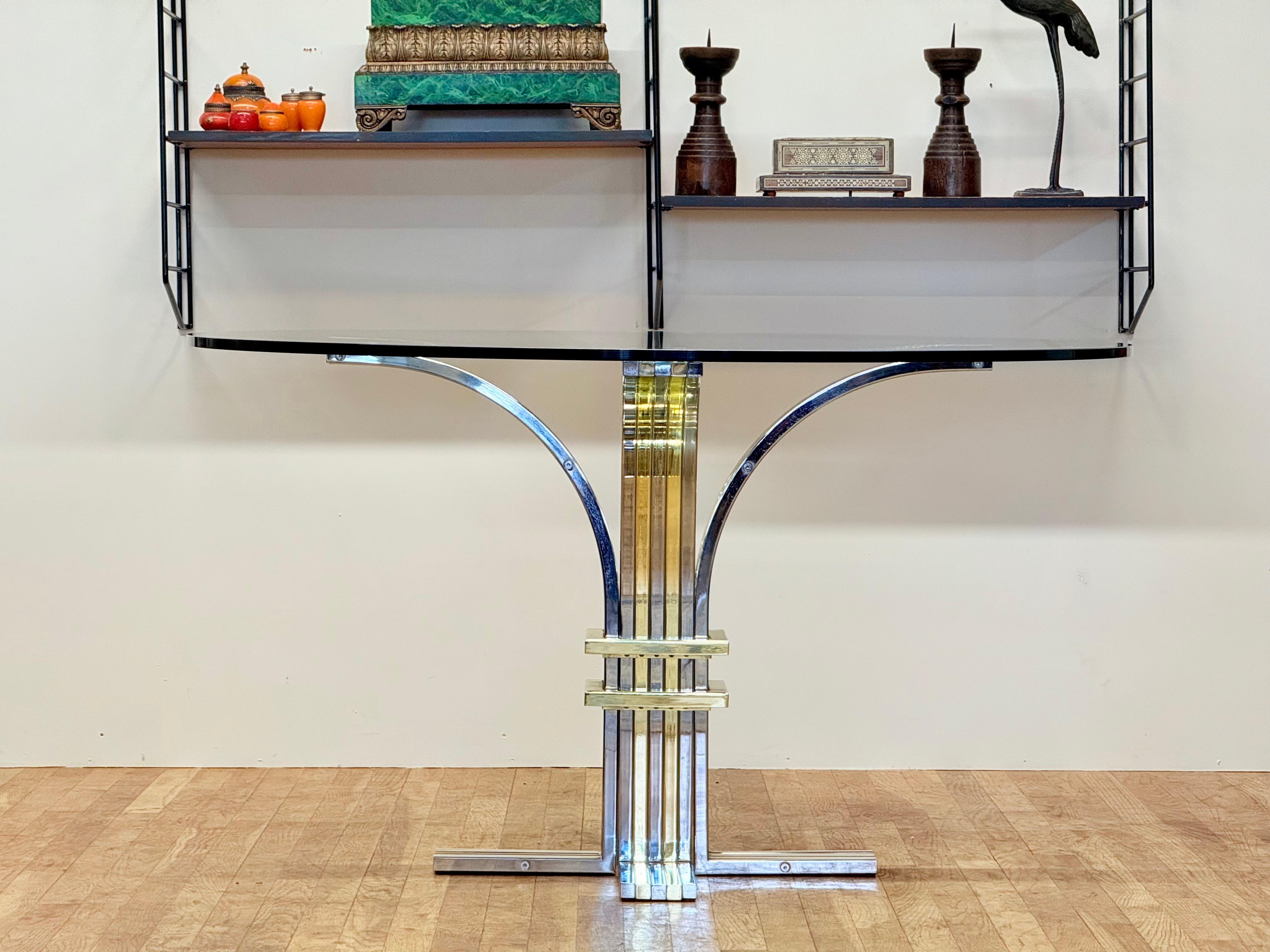 Mesa de centro con tapa de cristal de cromo y latón de Renato Zevi para Banci Firenze, años 70 en venta 7