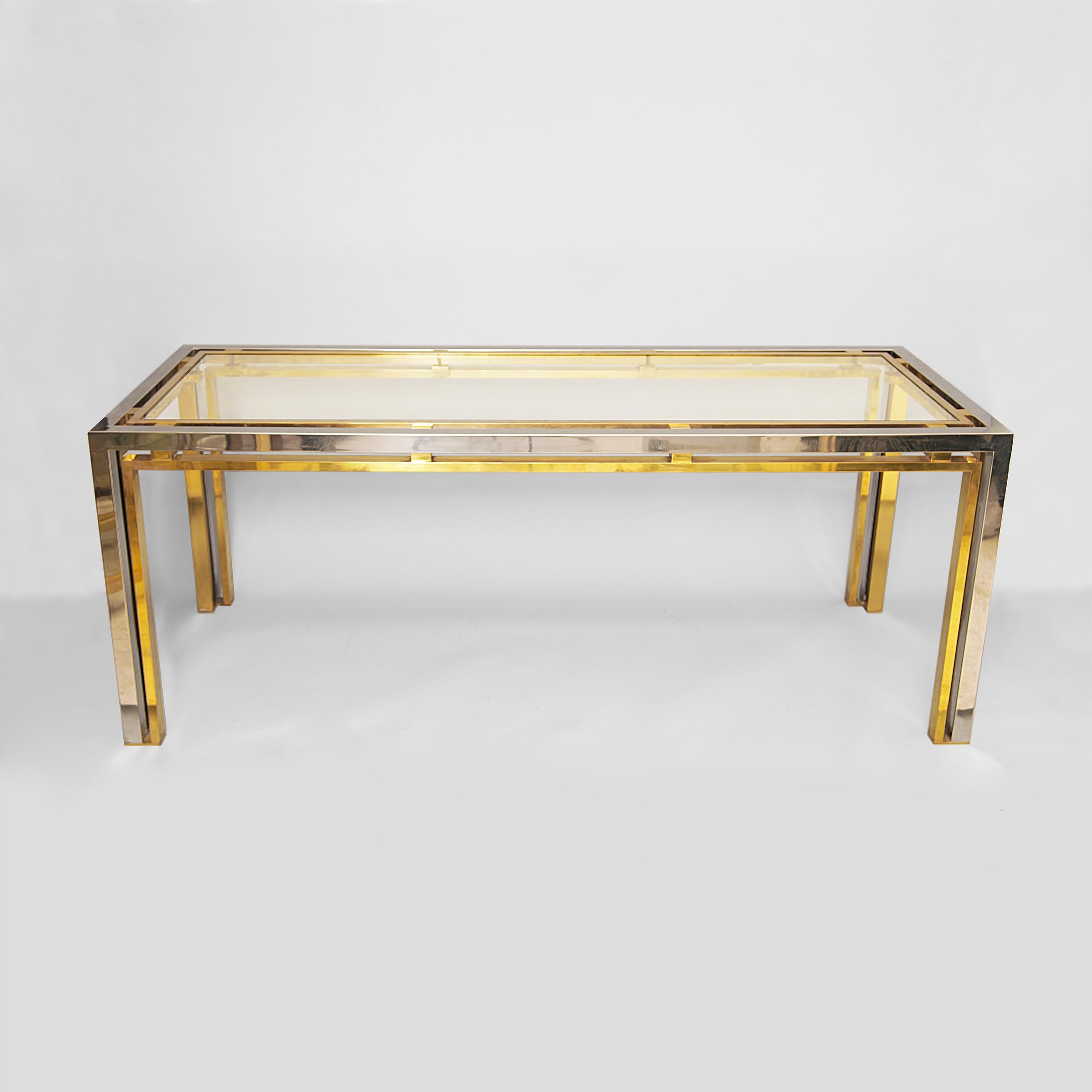 Hollywood Regency 1970s Renato Zevi Vintage Chrome Brass Glass Console Table Desk Romeo Rega Sofa For Sale