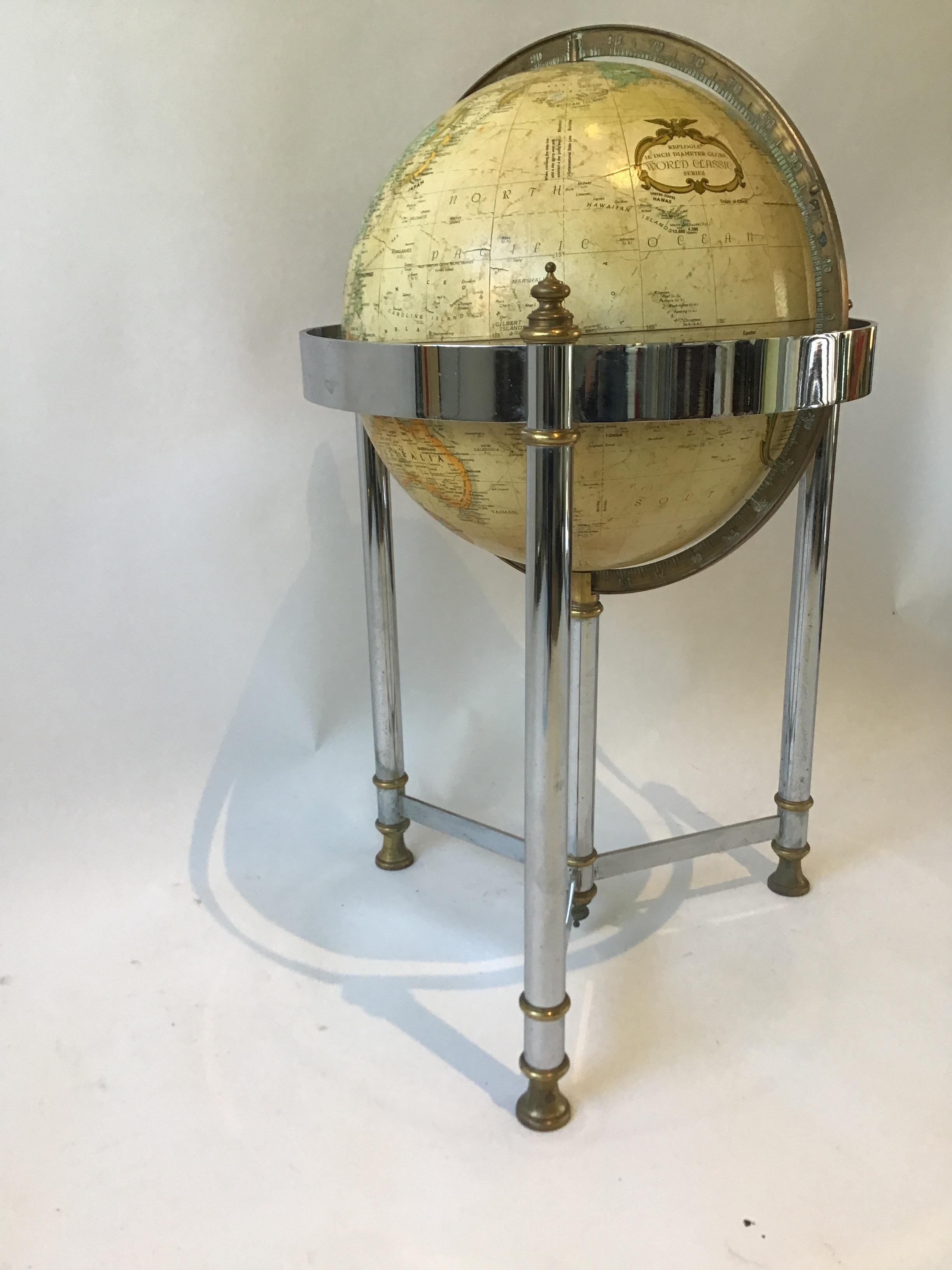 1970s Replogle globe on chrome and brass stand.
 