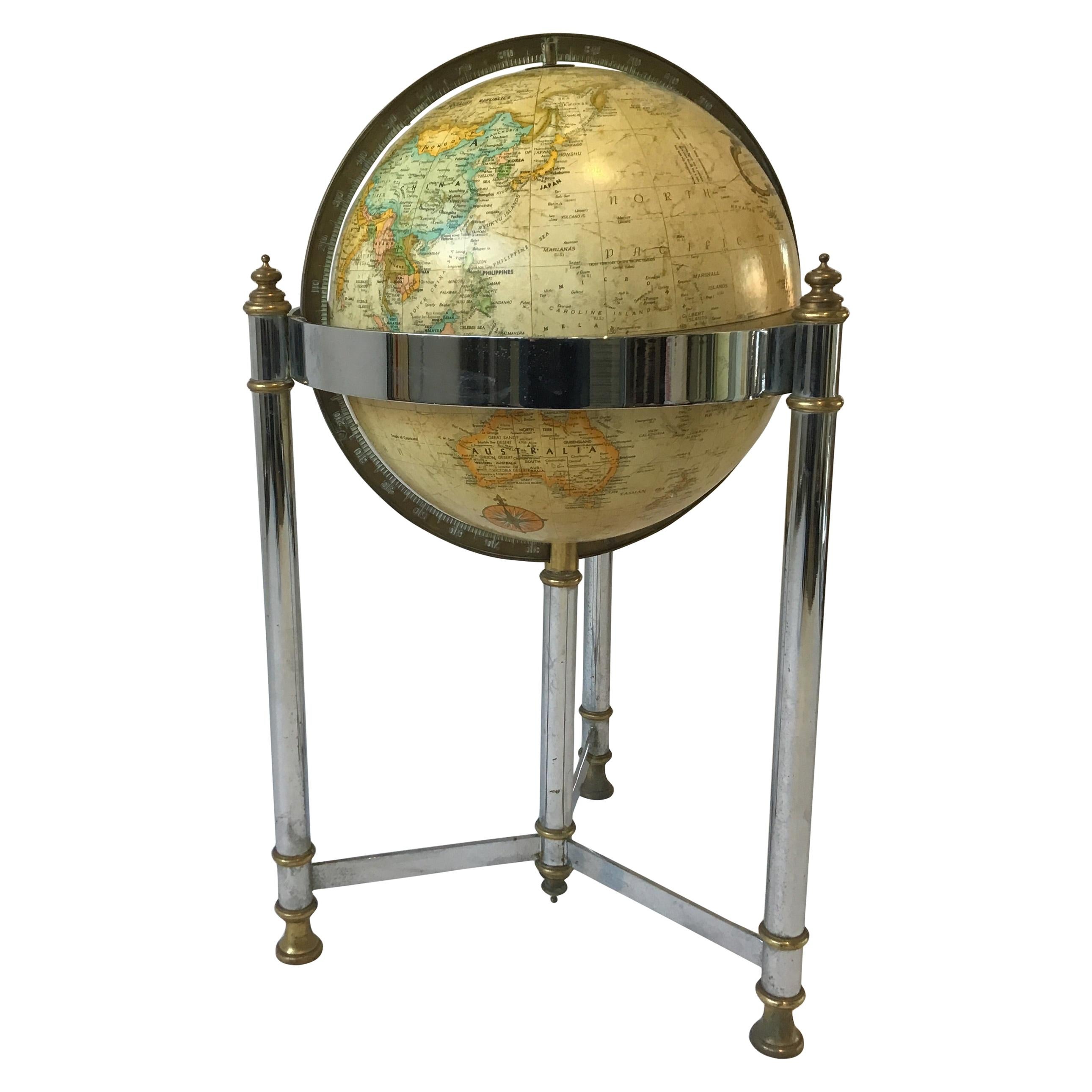 1970s Replogle Globe on Chrome and Brass Stand