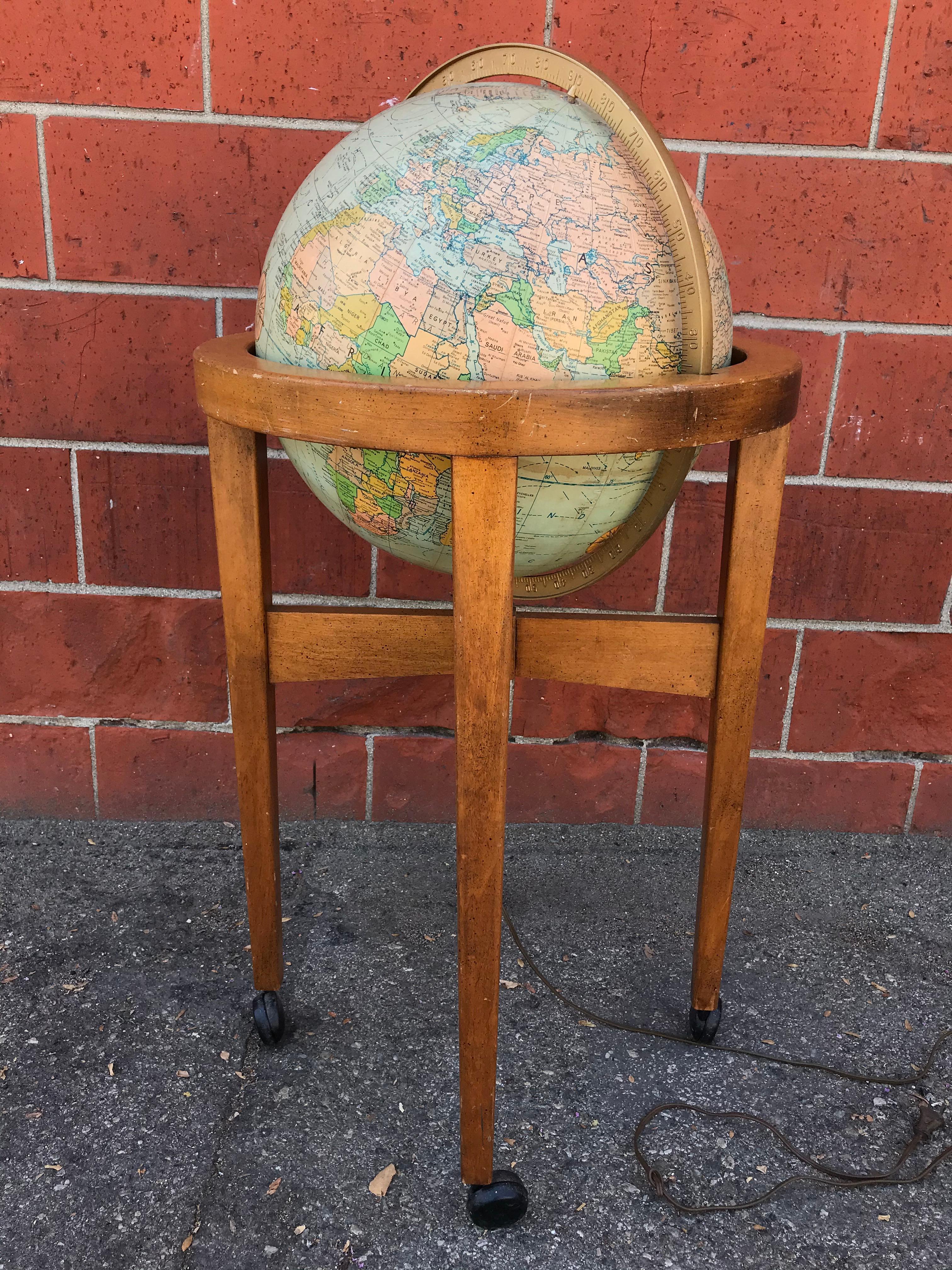 1970's Replogle Heirloom Light Up Floor Globe on Fruitwood Frame 1