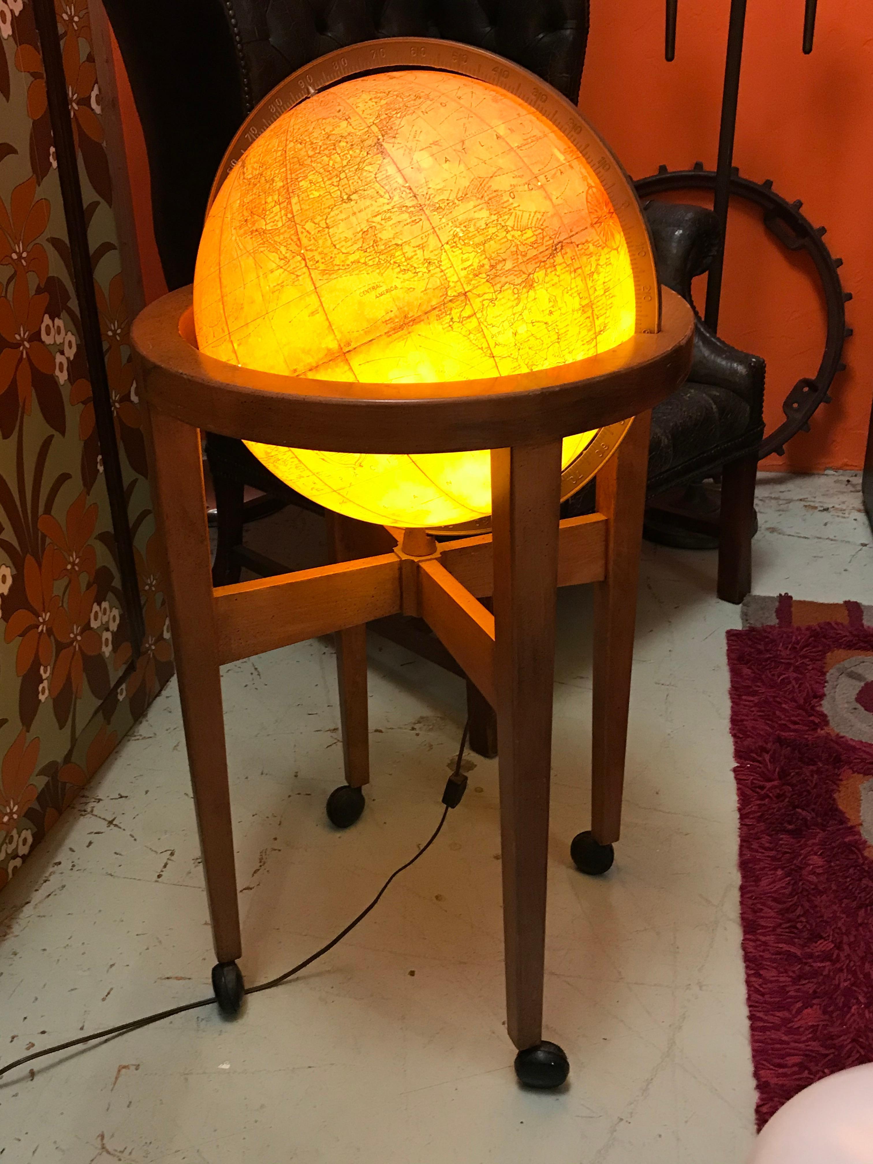 1970's Replogle Heirloom Light Up Floor Globe on Fruitwood Frame 2