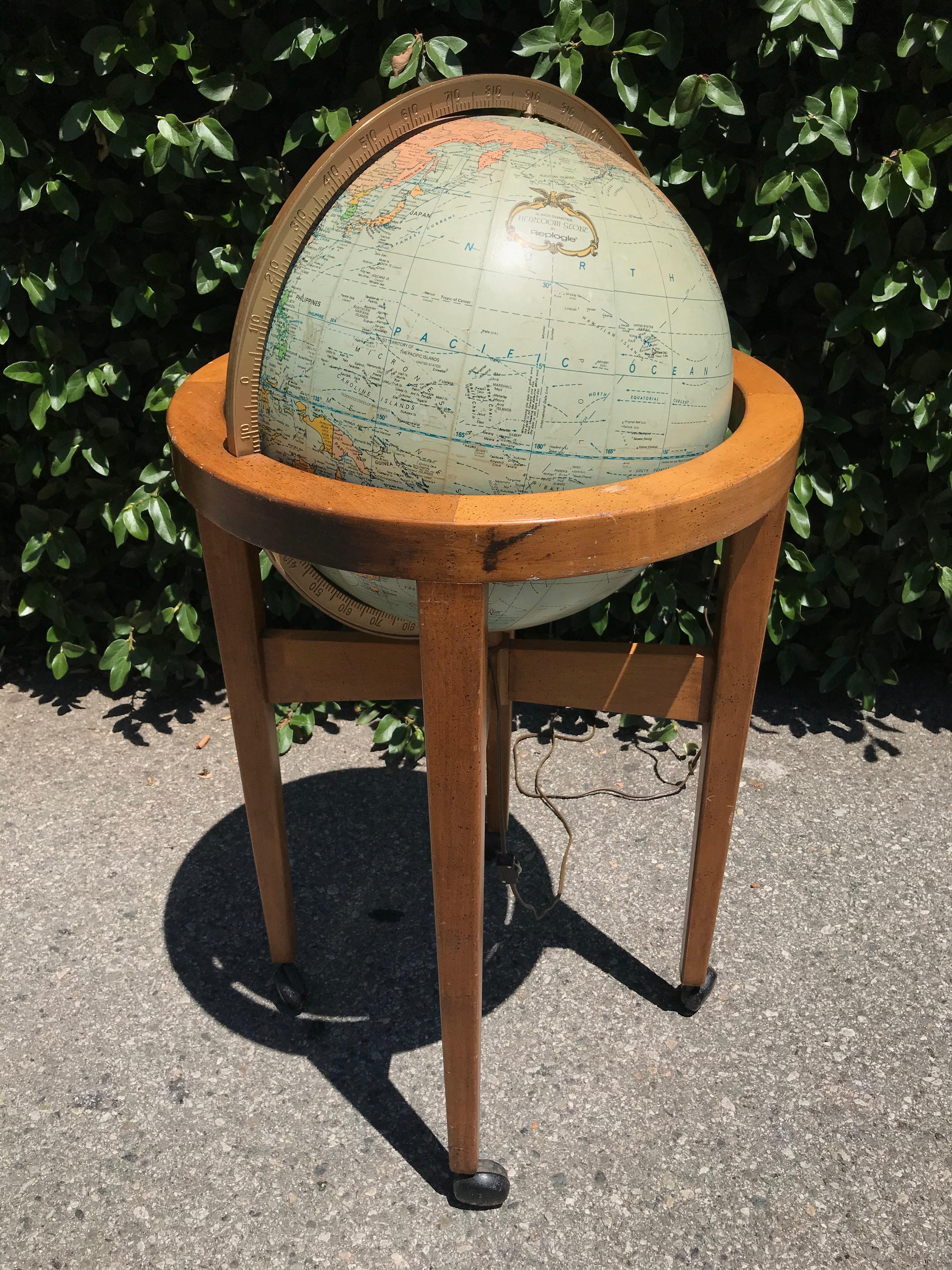 Modern 1970's Replogle Heirloom Light Up Floor Globe on Fruitwood Frame