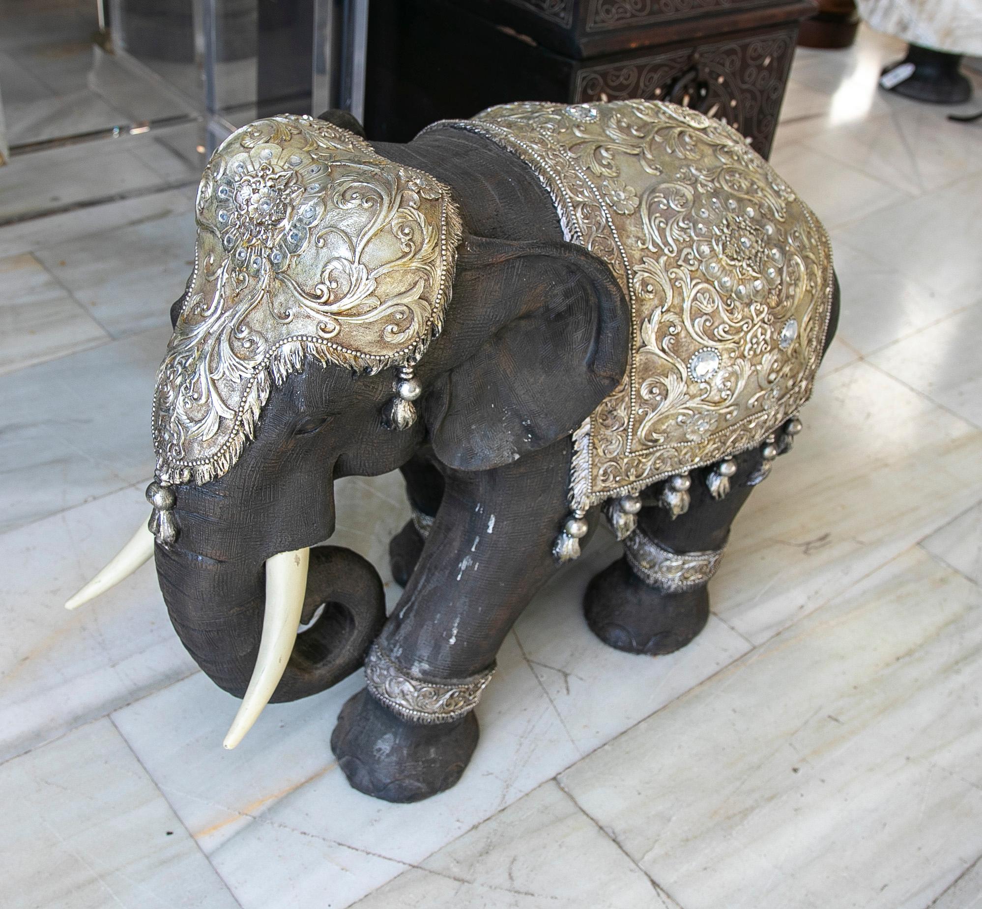 1970s Resin elephant with silver-plated and crystals decoration.