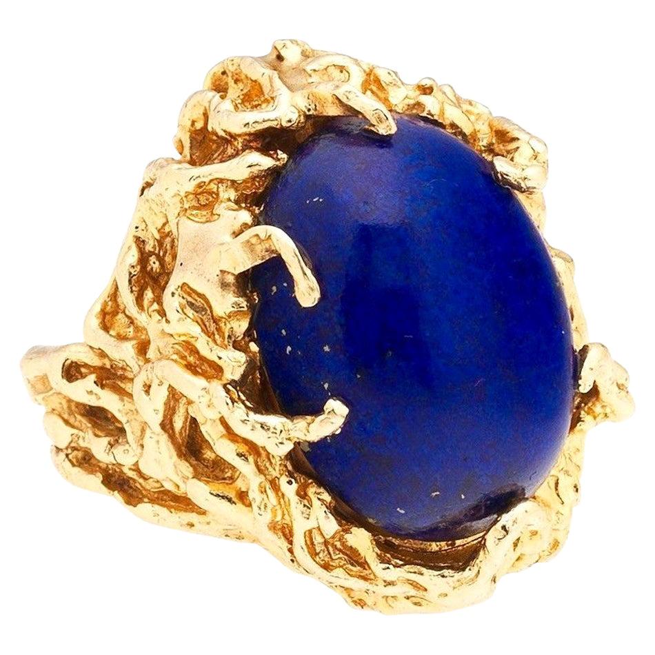 1970s Retro 14 Karat Gold Lapis Lazuli Freeform Naturalistic Cocktail Ring For Sale